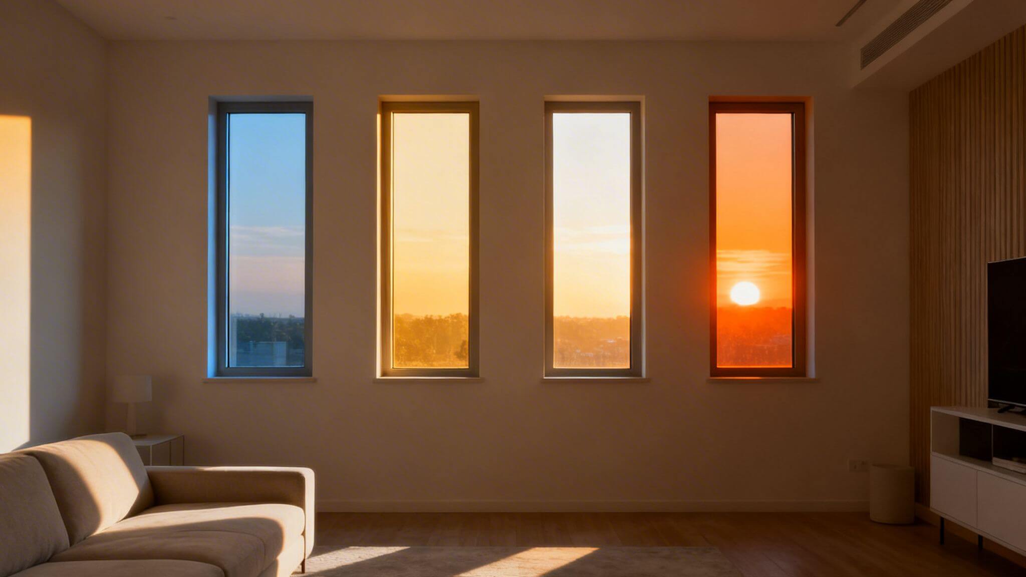 Certificados Energéticos | Mejor Orientación Pisos en Valencia: Guía para Ahorrar y Acertar Salón moderno con cuatro ventanas que muestran distintas vistas y colores del cielo al amanecer y atardecer.