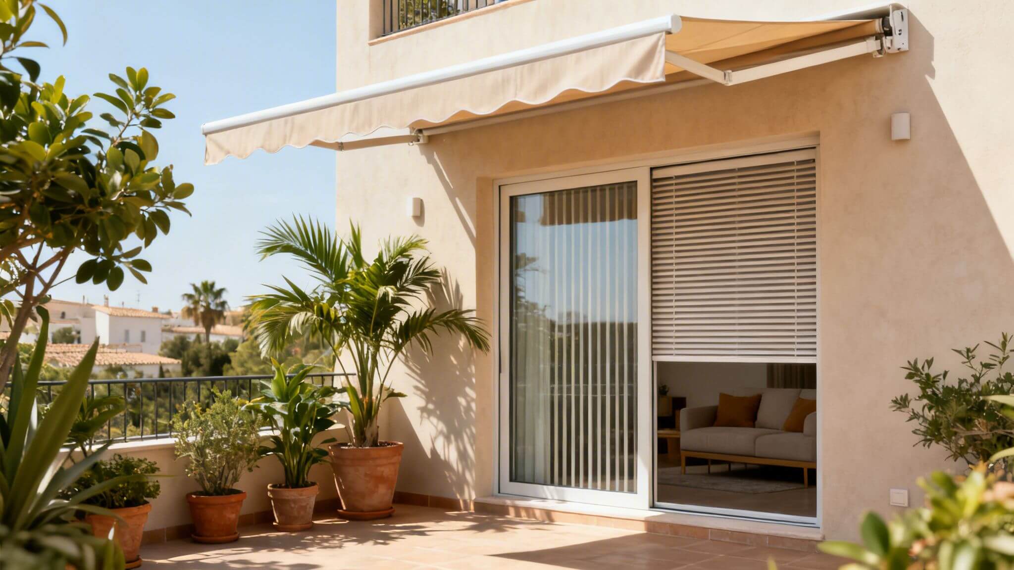 Certificados Energéticos | Mejor Orientación Pisos en Valencia: Guía para Ahorrar y Acertar Una terraza soleada en un edificio con un toldo beige extendido, plantas en macetas y una vista de casas blancas.