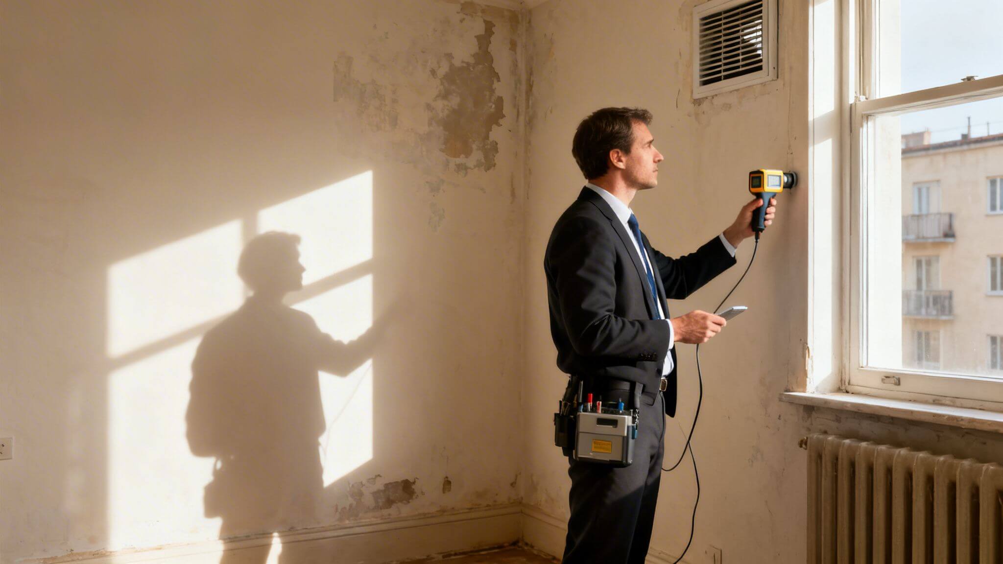 Certificados Energéticos | Cedula de habitabilidad caducidad: qué hacer y cómo renovar en Valencia Un inspector profesional con traje evalúa una pared deteriorada con un medidor y un teléfono.