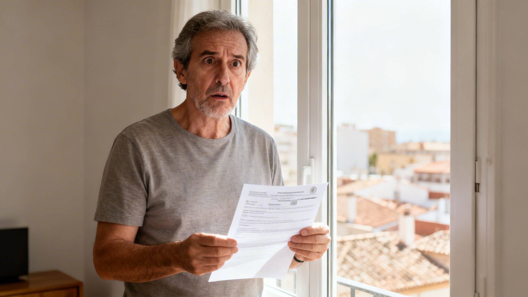 Certificados Energéticos | Cedula de habitabilidad caducidad: qué hacer y cómo renovar en Valencia Hombre mayor sorprendido y preocupado leyendo un documento oficial junto a una ventana soleada.