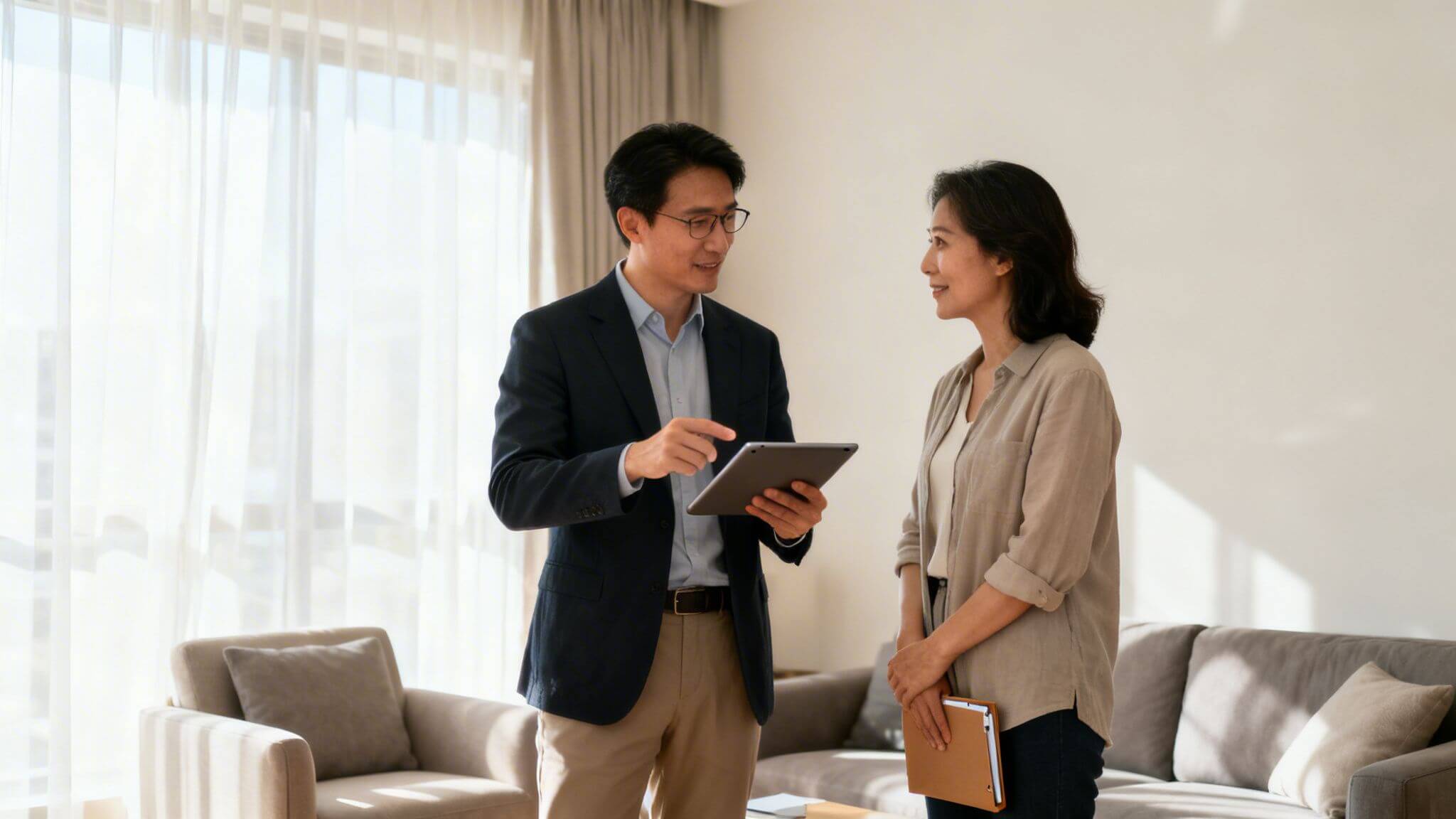 Certificados Energéticos | Cedula de habitabilidad caducidad: qué hacer y cómo renovar en Valencia Un agente inmobiliario asiático muestra una tablet a una cliente en un salón moderno.