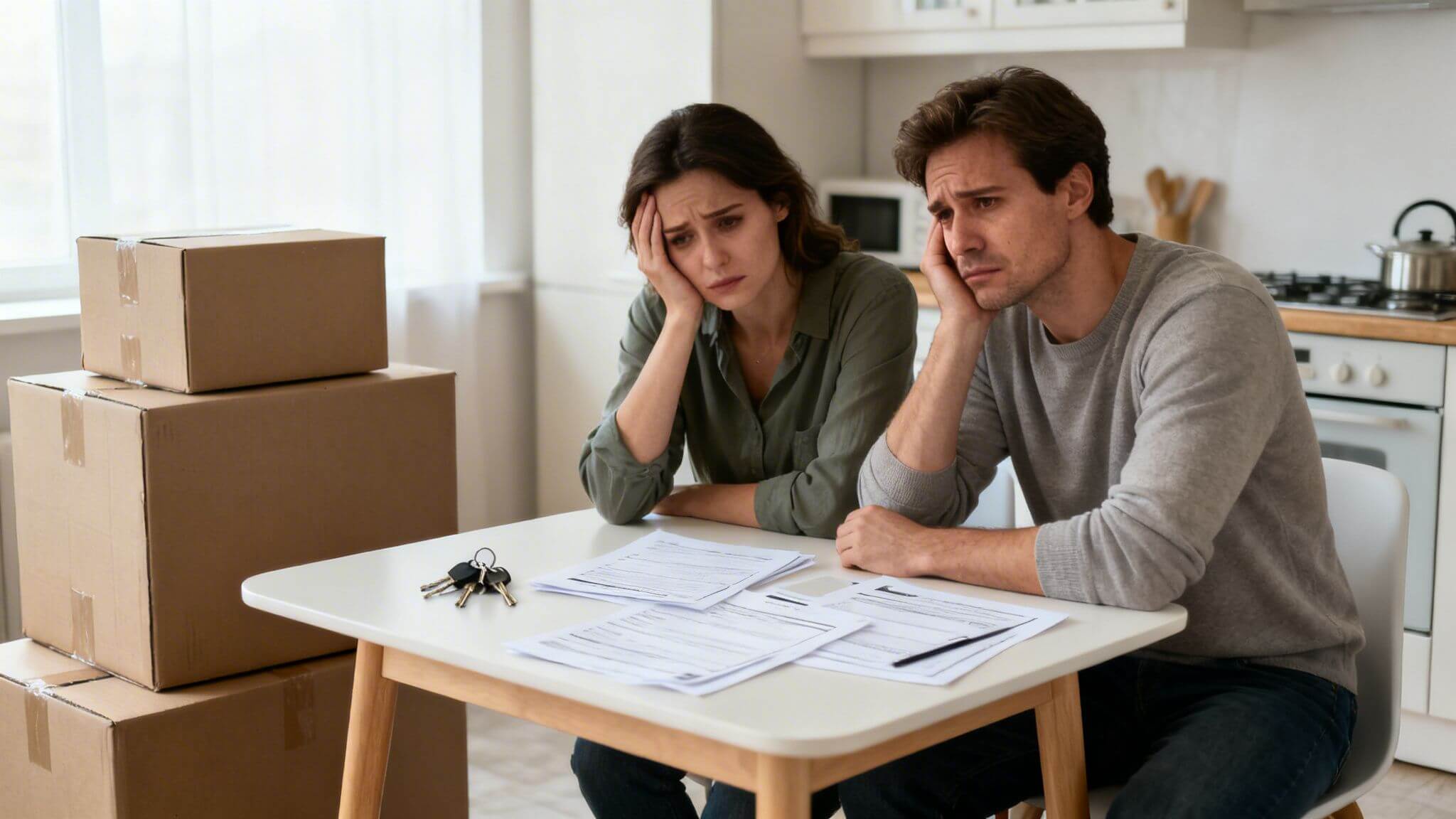 Certificados Energéticos | Cedula de habitabilidad caducidad: qué hacer y cómo renovar en Valencia Pareja estresada sentada en una mesa con documentos y llaves, con cajas de mudanza, mostrando preocupación.