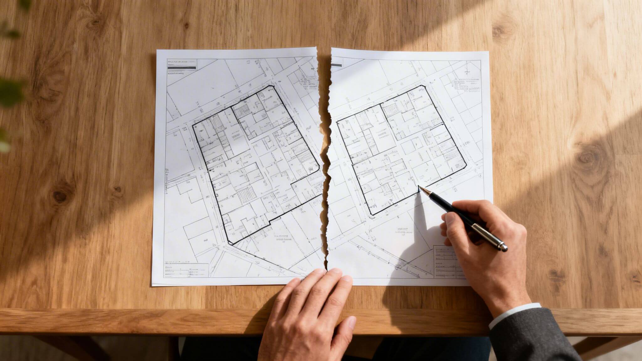 Certificados Energéticos | Guía del acuerdo de alteración de titularidad en Valencia Un plano arquitectónico roto sobre un escritorio de madera, con una mano sosteniendo un bolígrafo, simbolizando división de propiedad.