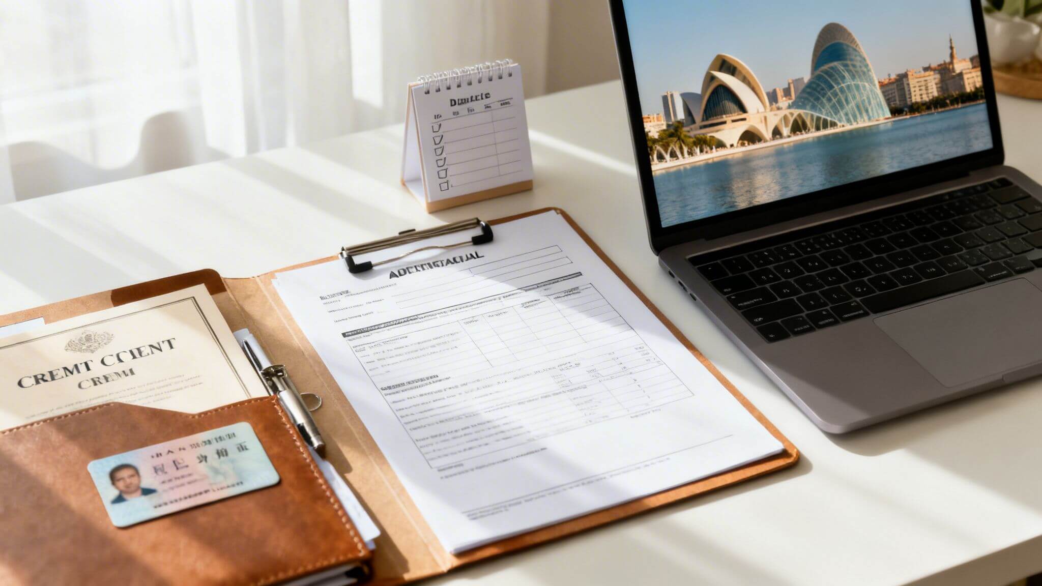 Certificados Energéticos | Guía del acuerdo de alteración de titularidad en Valencia Escritorio con ordenador portátil mostrando ciudad, documentos, portapapeles y lista de tareas, bajo luz natural.