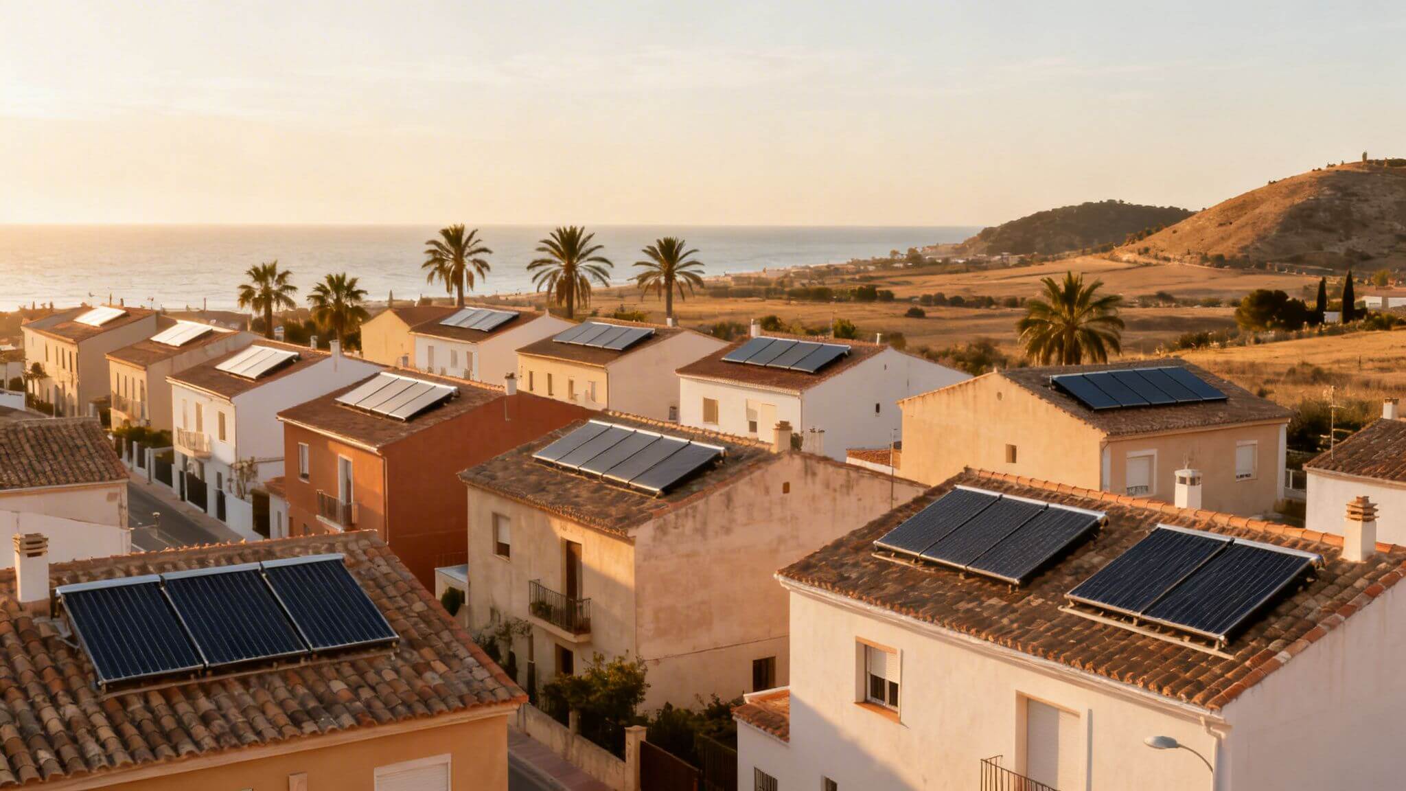 Certificados Energéticos | Zona climatica HE4: guía rápida del Certificado Energético en Valencia Tejados con paneles solares en casas costeras al atardecer, reflejando el clima mediterráneo.