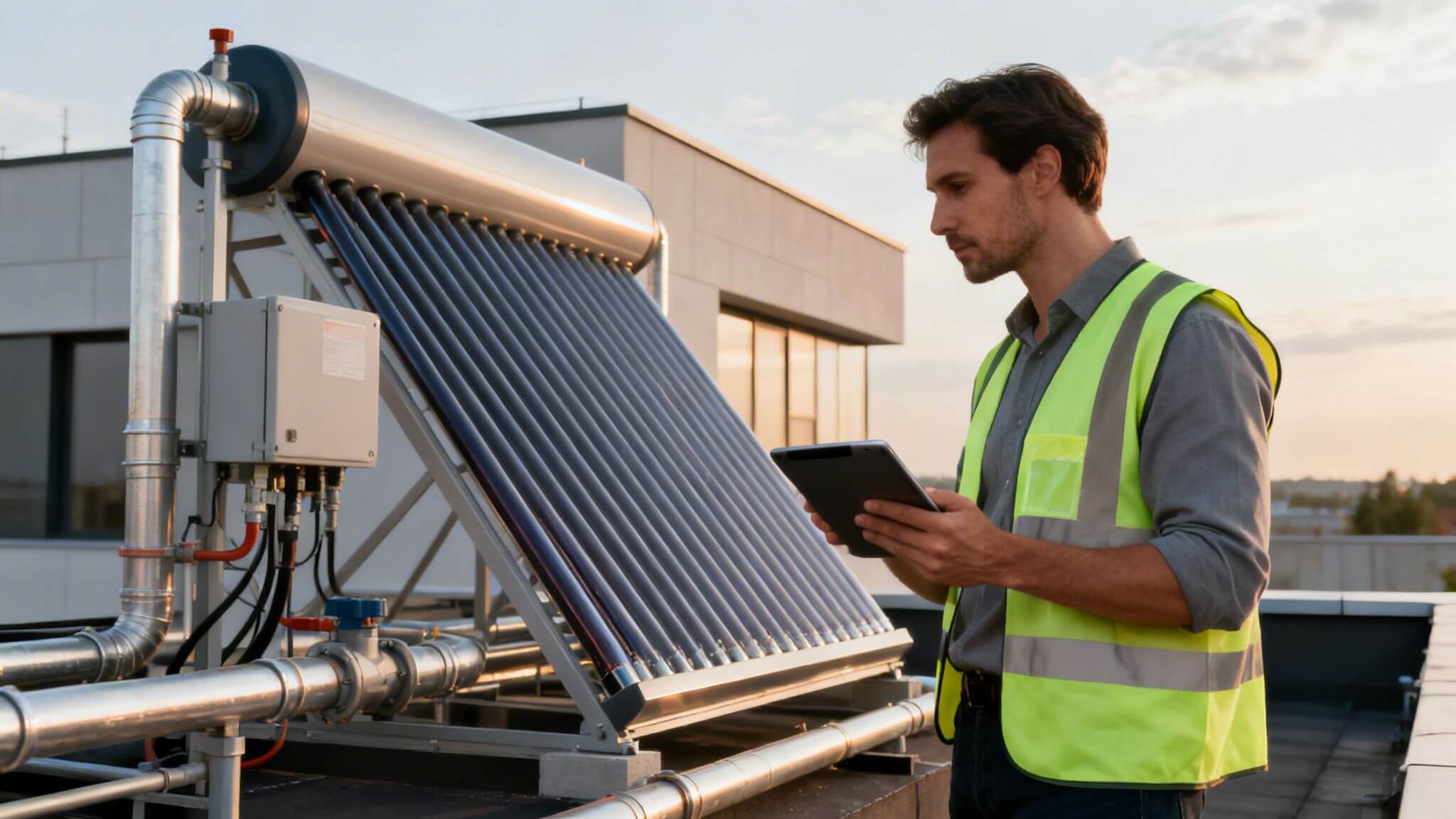 Certificados Energéticos | Zona climatica HE4: guía rápida del Certificado Energético en Valencia Ingeniero inspecciona un colector solar térmico en una azotea para un certificado energético.