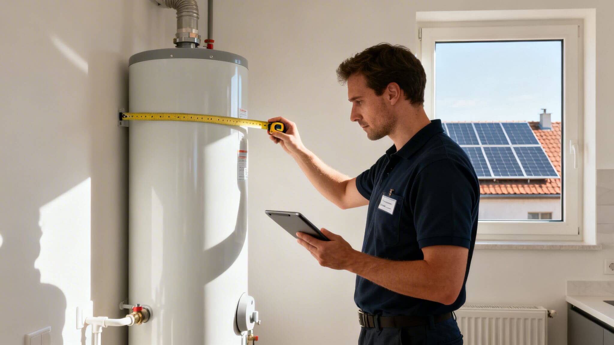 Certificados Energéticos | Zona climatica HE4: guía rápida del Certificado Energético en Valencia Técnico mide un calentador de agua con cinta métrica y una tablet durante la visita.