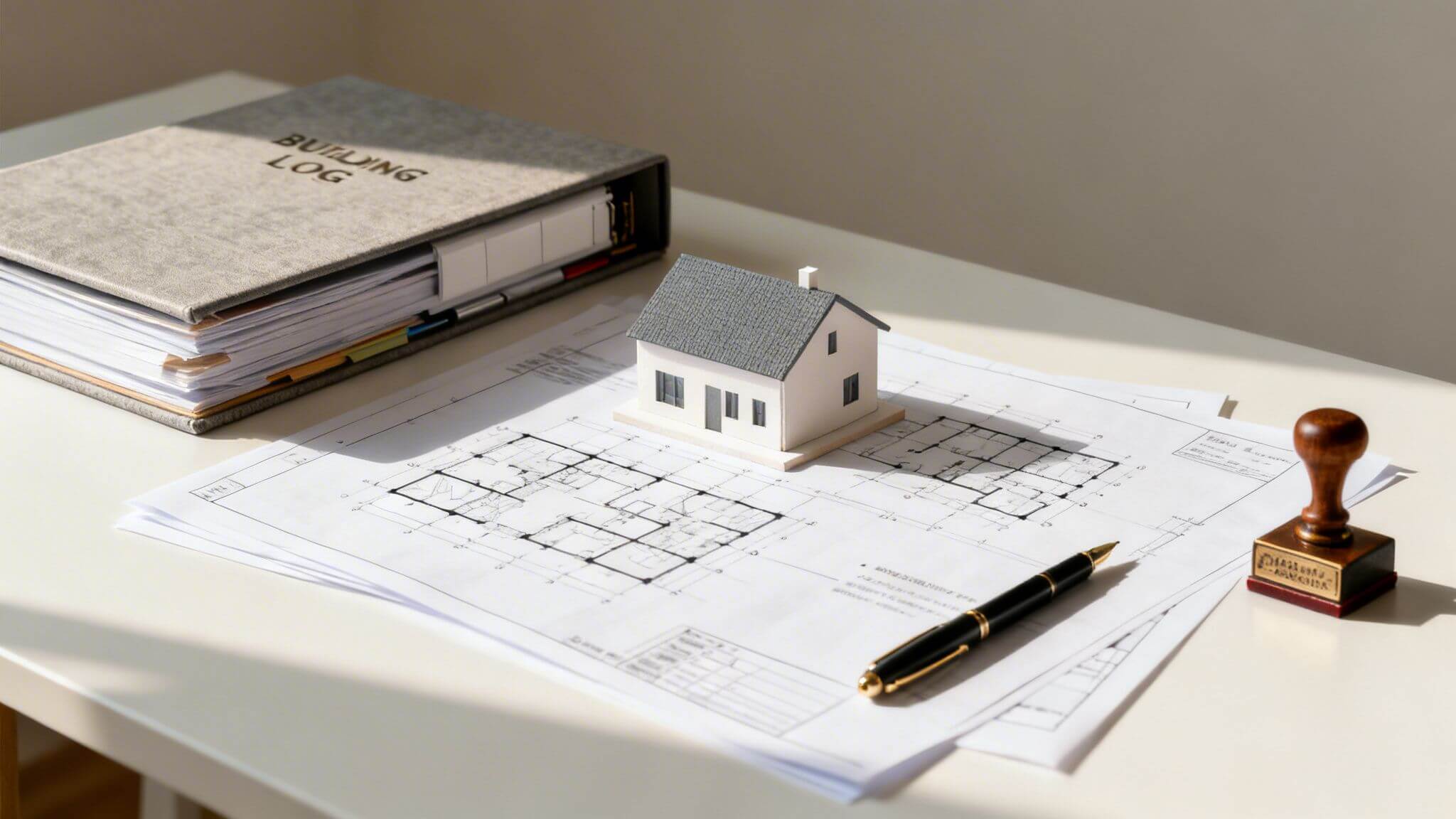 Certificados Energéticos | Certificado de Final de Obra en Valencia: Tu Guía 2026 Escritorio con maqueta de casa, planos de construcción, archivador y bolígrafo, simbolizando proyecto inmobiliario.