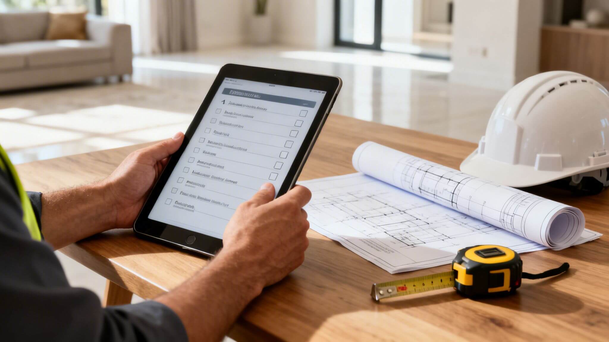 Certificados Energéticos | Certificado de Final de Obra en Valencia: Tu Guía 2026 Hombre revisa planos y lista de tareas en tablet en sitio de construcción, con casco y planos en la mesa.