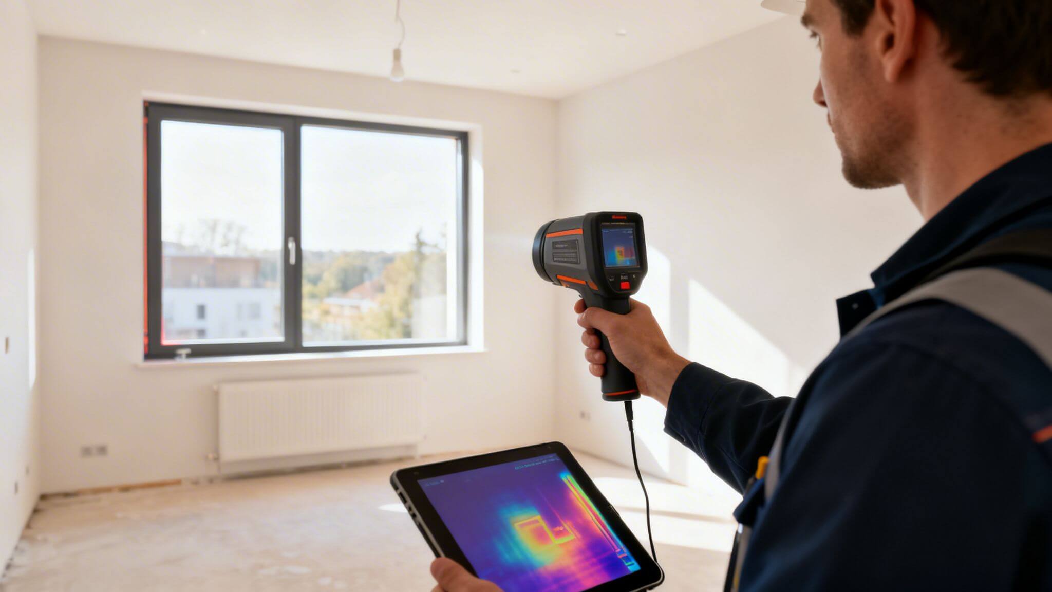 Certificados Energéticos | Certificado de Final de Obra en Valencia: Tu Guía 2026 Hombre con casco blanco inspecciona una habitación vacía con una cámara térmica y una tablet.