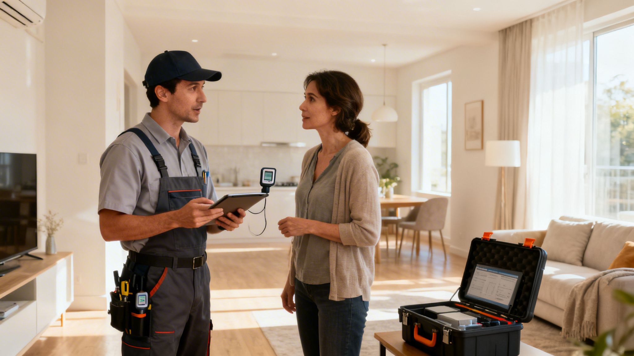 Certificados Energéticos | Copia Cedula Habitabilidad en Valencia: Tu Guía 2026 Técnico realizando la visita para el certificado energético y la cédula de habitabilidad en Valencia.