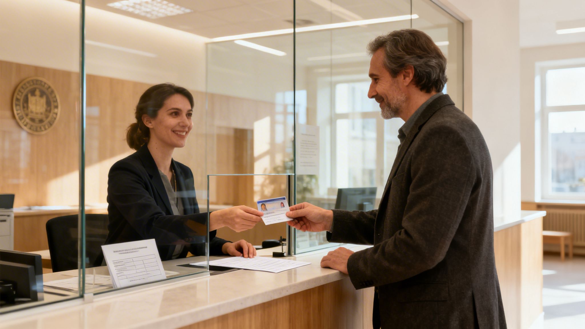 Certificados Energéticos | Copia Cedula Habitabilidad en Valencia: Tu Guía 2026 Propietaria presentando su DNI en el ayuntamiento para solicitar la copia de la cédula de habitabilidad.