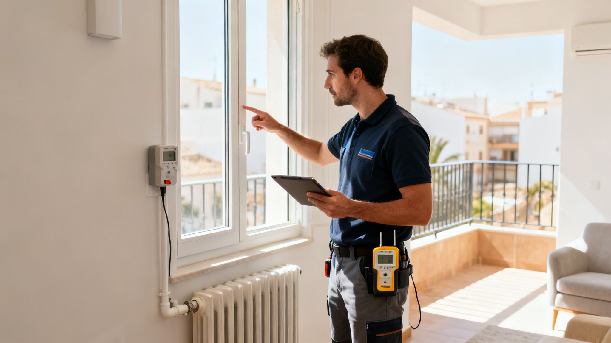 Certificados Energéticos | Guía de Documentos para Vender tu Piso en Valencia en 2026 Técnico inspecciona una ventana y un radiador en un apartamento moderno usando una tablet y herramientas.