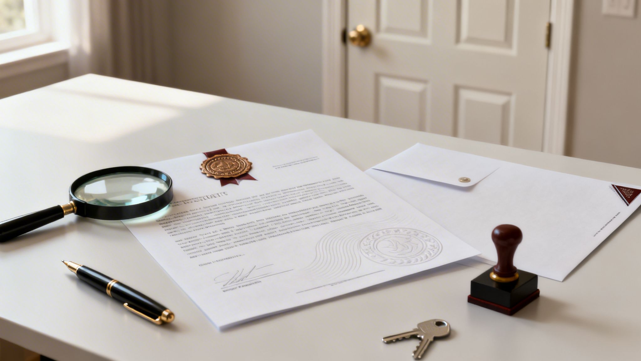 Certificados Energéticos | Guía de Documentos para Vender tu Piso en Valencia en 2026 Documentos legales en una mesa con una lupa, pluma, sello y llaves, bajo la luz de una ventana.