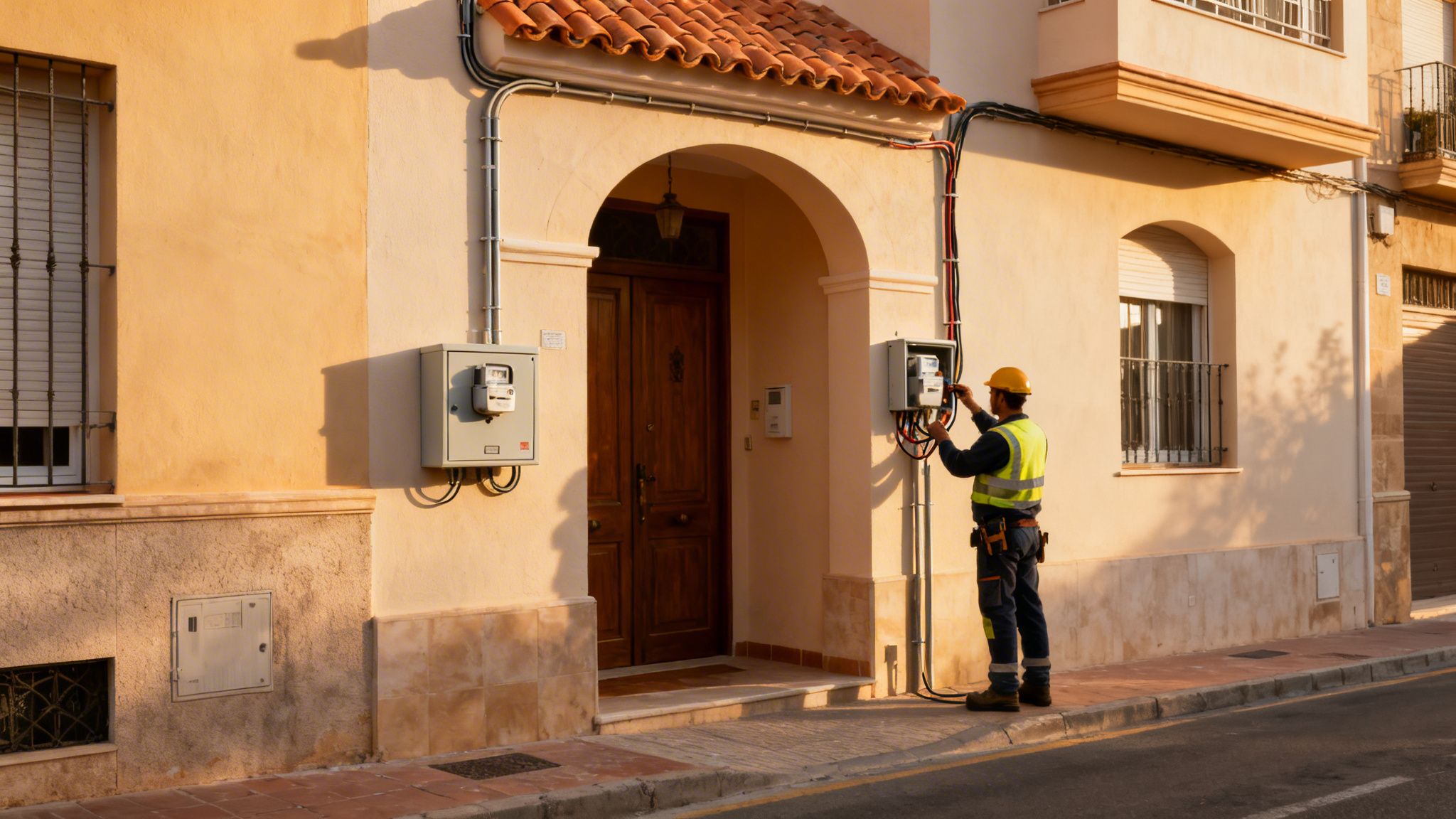 Certificados Energéticos | Certificación Instalación Eléctrica Valencia Electricista en chaleco reflectante trabajando en contador eléctrico en la fachada de un edificio soleado.
