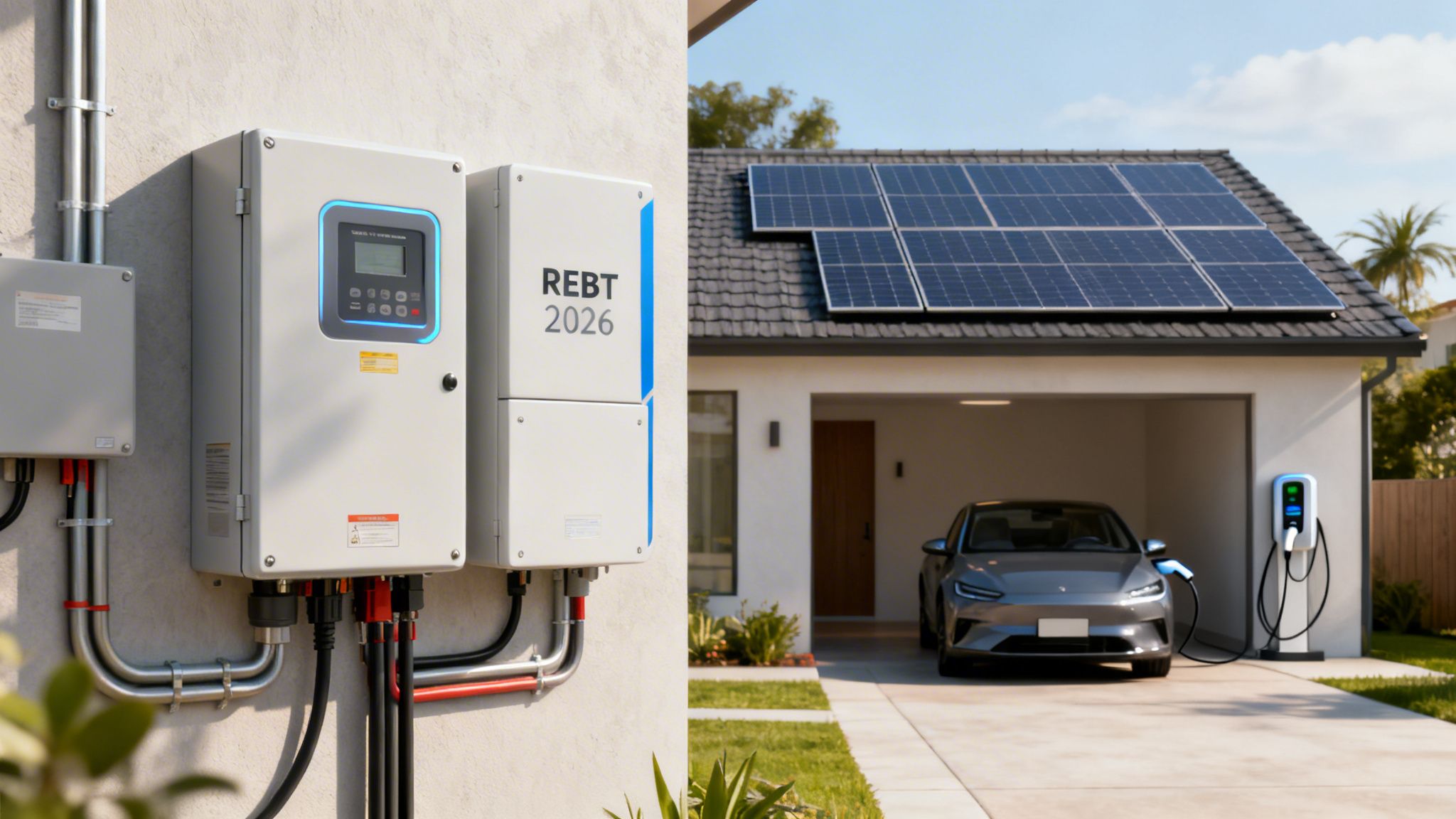 Certificados Energéticos | Certificación Instalación Eléctrica Valencia Casa con paneles solares, cargador de coche eléctrico y equipo de energía solar en la pared.