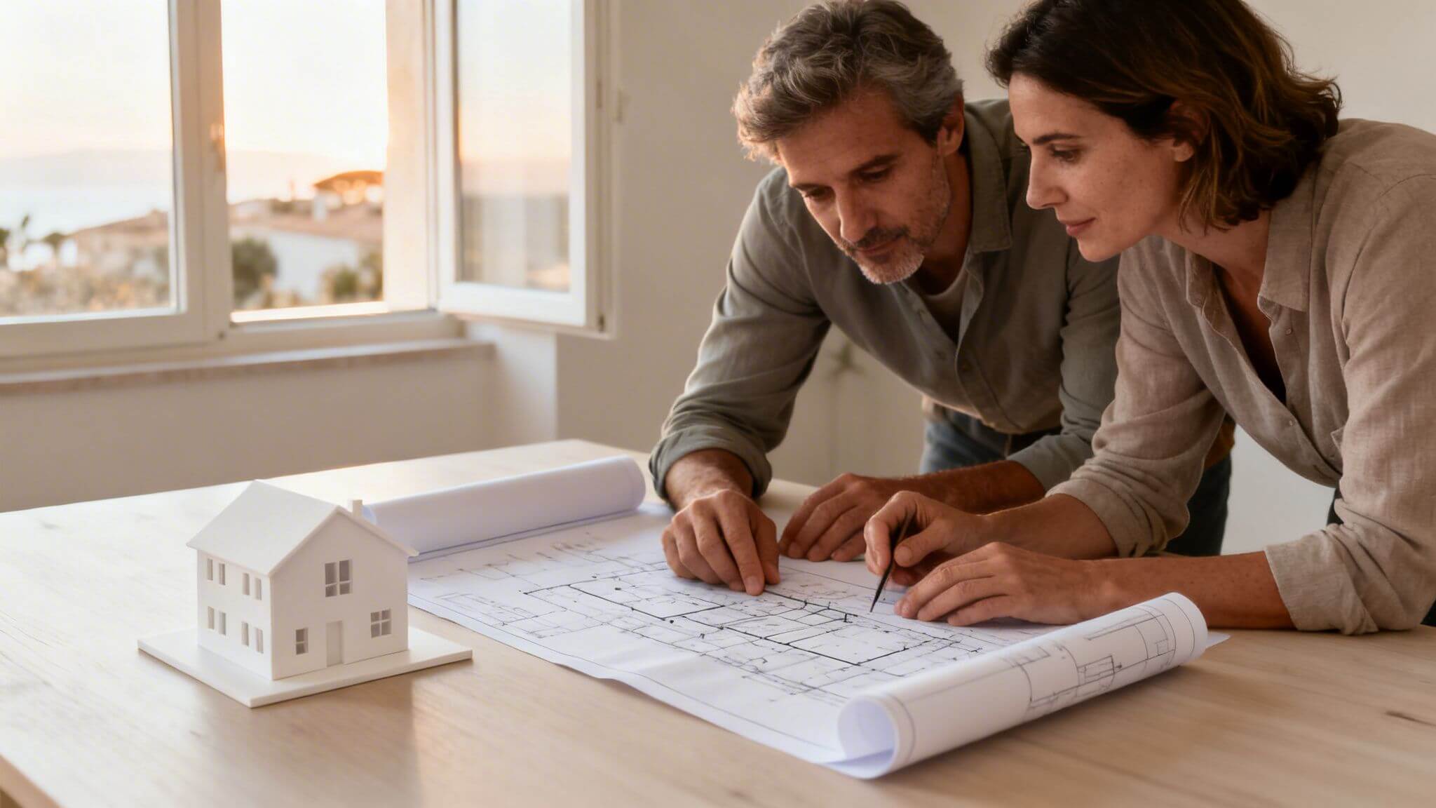 Certificados Energéticos | Proyecto de una casa en Valencia: La guía definitiva para tu futuro hogar Pareja de adultos planeando el diseño de su hogar, revisando planos con una maqueta de casa en la mesa.