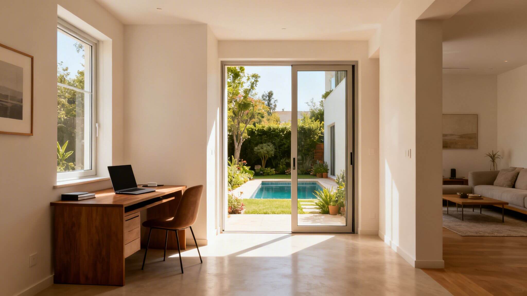 Certificados Energéticos | Proyecto de una casa en Valencia: La guía definitiva para tu futuro hogar Habitación moderna con escritorio, laptop y puertas de vidrio que dan a un patio con piscina y jardín.
