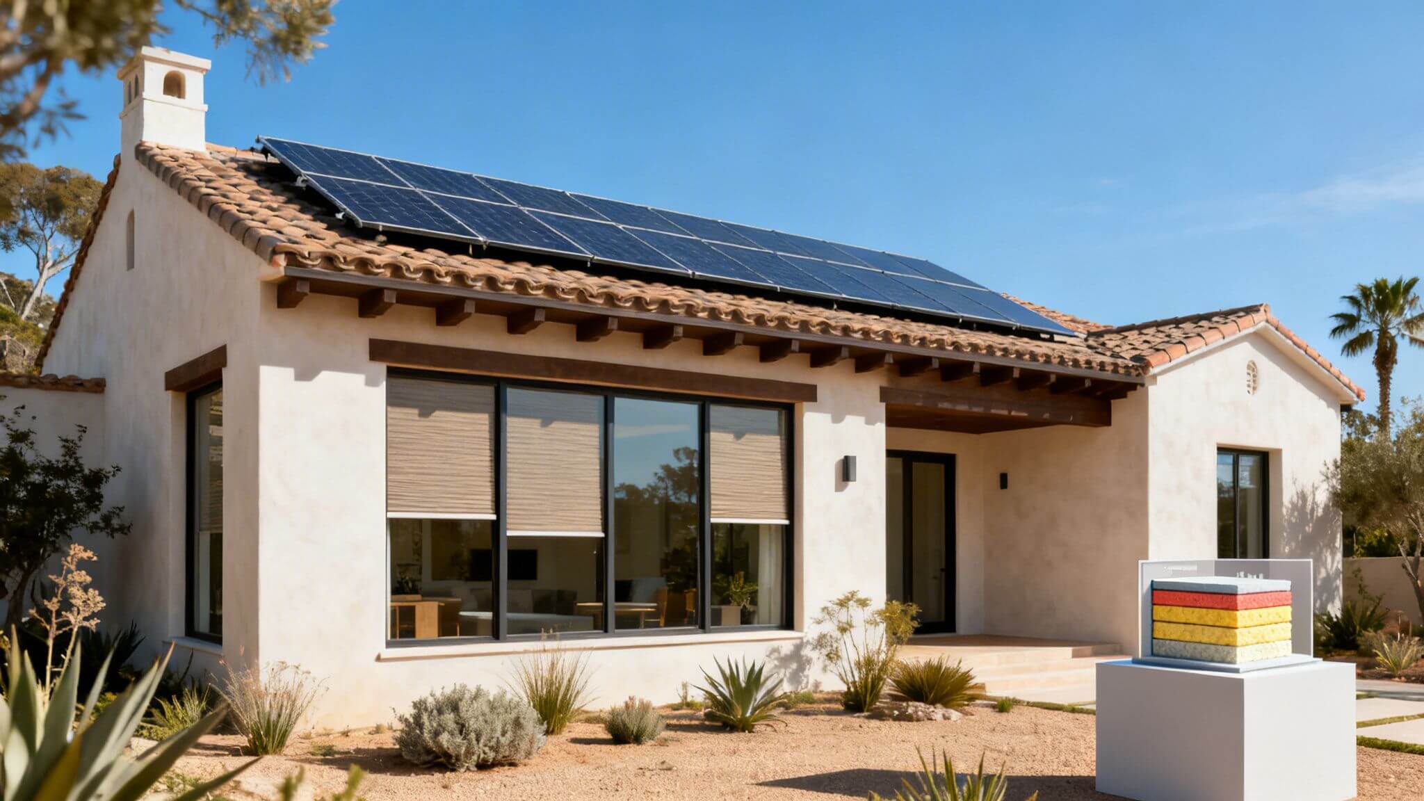 Certificados Energéticos | Proyecto de una casa en Valencia: La guía definitiva para tu futuro hogar Casa mediterránea moderna con paneles solares, grandes ventanas y jardinería desértica, mostrando capas de material.