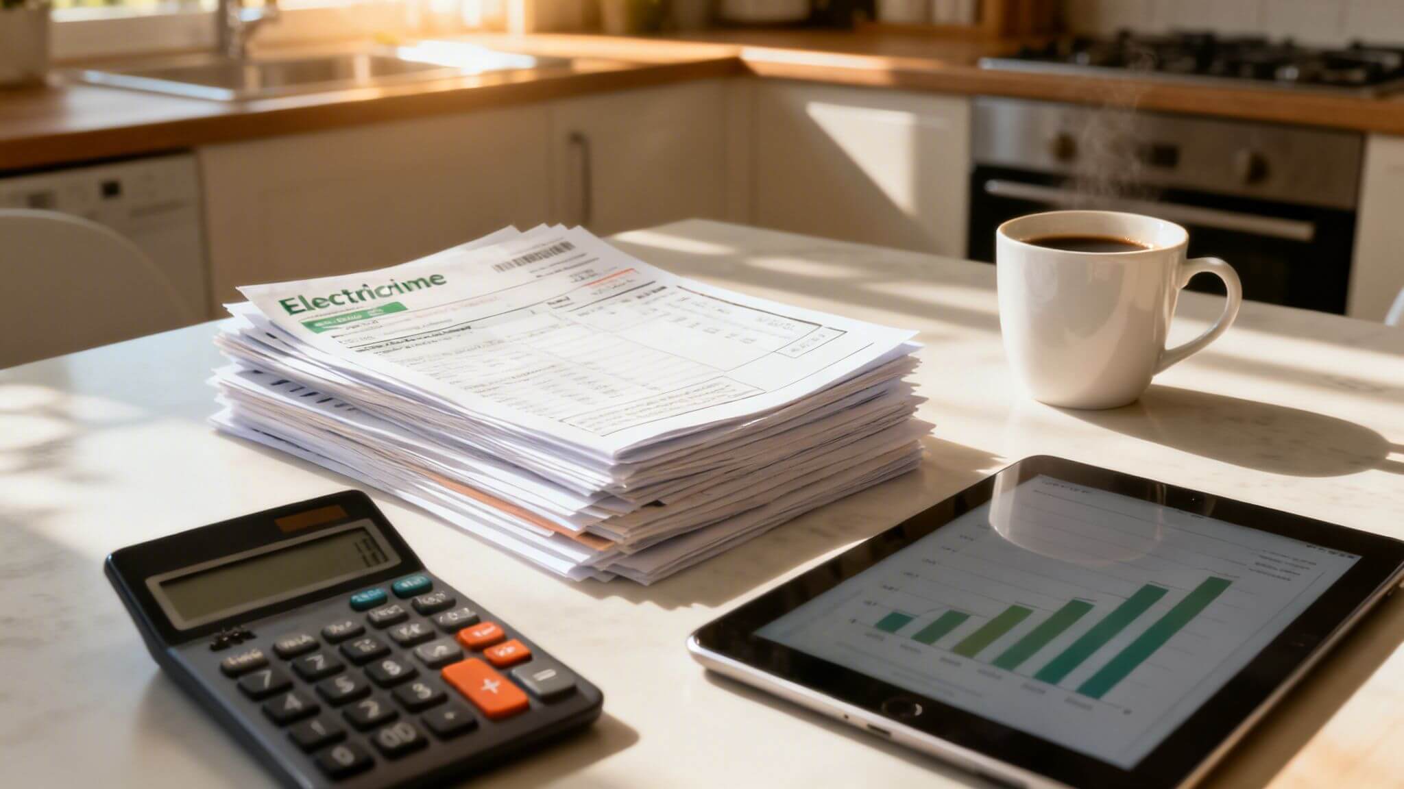 Certificados Energéticos | ¿Cuántos Paneles Solares Necesito? Guía 2026 en Valencia Facturas de electricidad, calculadora, tablet y café en una mesa de cocina, representando la gestión de gastos del hogar.