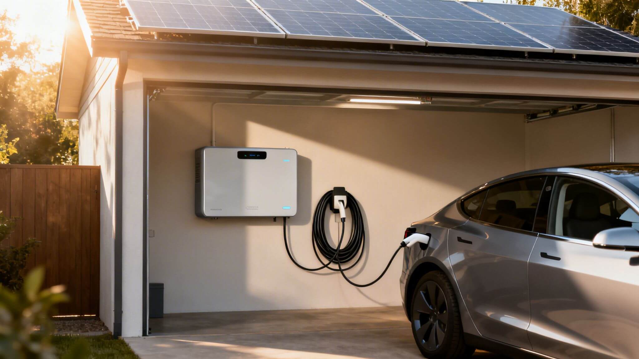 Certificados Energéticos | ¿Cuántos Paneles Solares Necesito? Guía 2026 en Valencia Casa con paneles solares en el techo, batería de energía en la pared del garaje y coche eléctrico cargando.