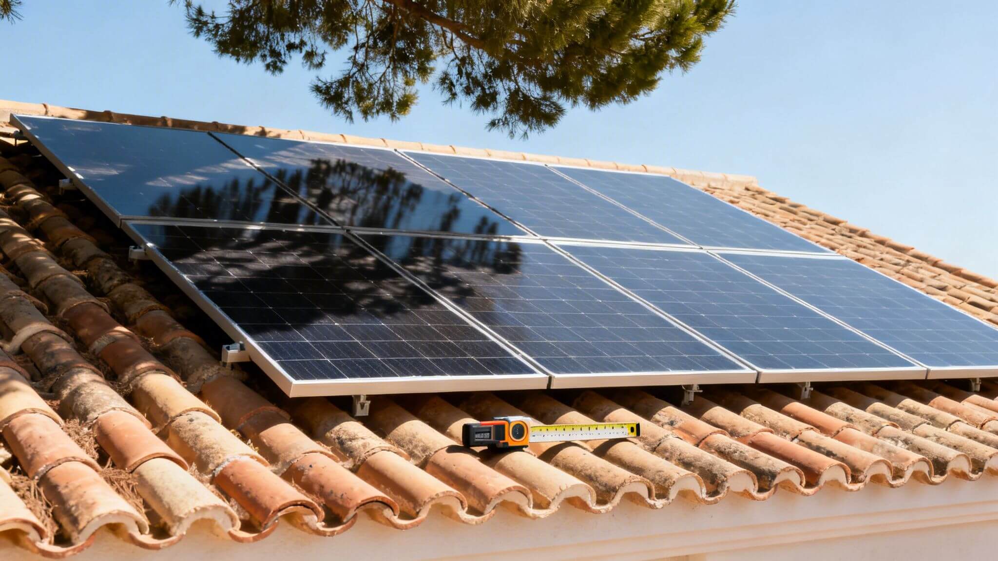 Certificados Energéticos | ¿Cuántos Paneles Solares Necesito? Guía 2026 en Valencia Paneles solares instalados en un tejado de tejas, con una cinta métrica y la sombra de un árbol.