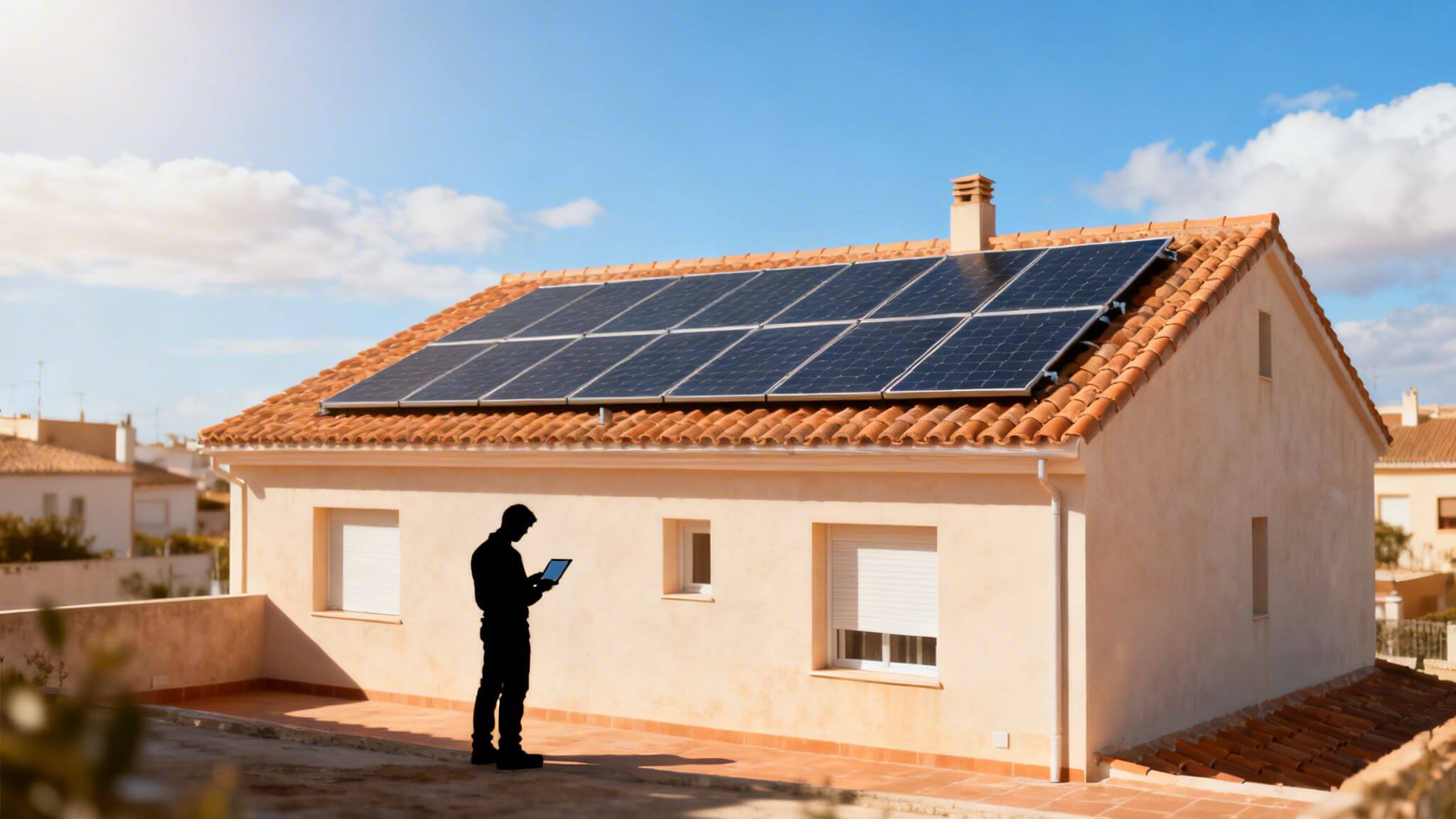 Certificados Energéticos | ¿Cuántos Paneles Solares Necesito? Guía 2026 en Valencia Hombre silueta mirando una tablet frente a una casa con paneles solares en el tejado.
