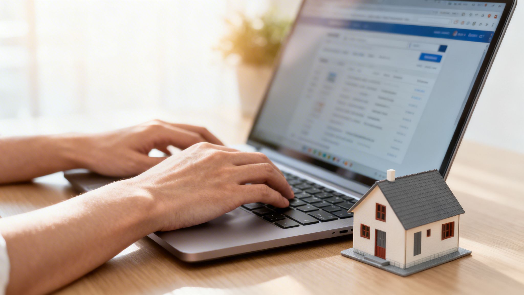 Certificados Energéticos | Cuanto cuesta Nota Simple en 2026 y Cómo solicitarla online Manos escribiendo en un portátil junto a una casa en miniatura, buscando información de bienes raíces.