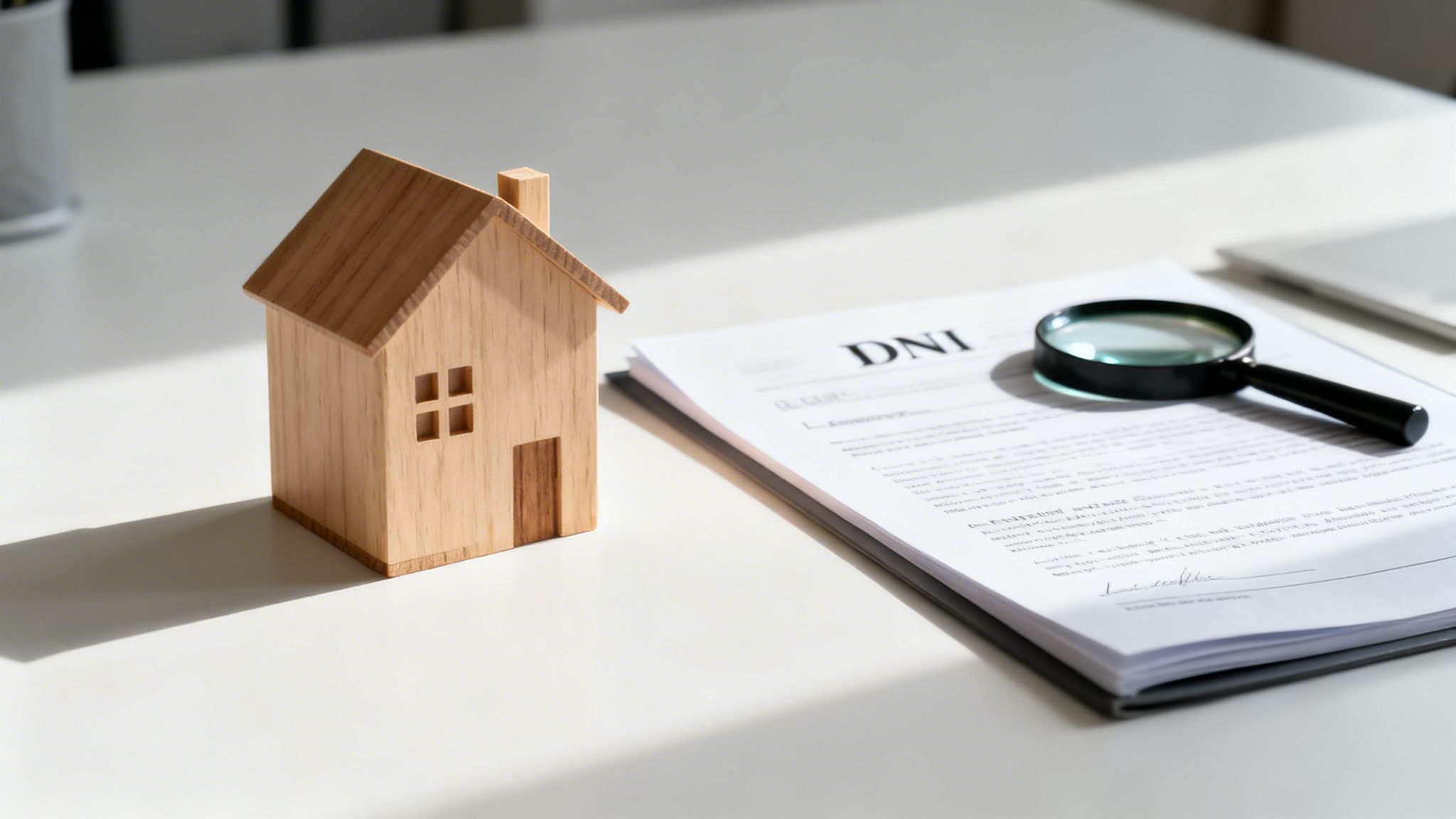 Certificados Energéticos | Cuanto cuesta Nota Simple en 2026 y Cómo solicitarla online Maqueta de casa de madera, documentos de DNI y lupa en mesa, representando la búsqueda de cuánto cuesta una nota simple en Valencia.