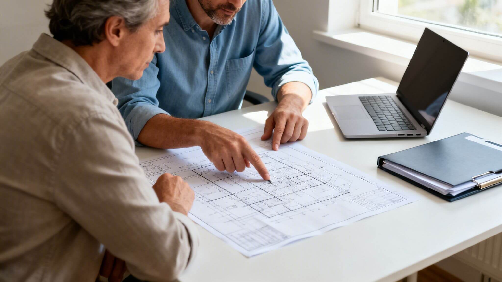 Certificados Energéticos | Proyecto de Instalación: Guía para tu Obra y Reforma Dos hombres analizando planos de construcción en una oficina luminosa. Uno señala detalles en el papel, discutiendo el proyecto de instalación.