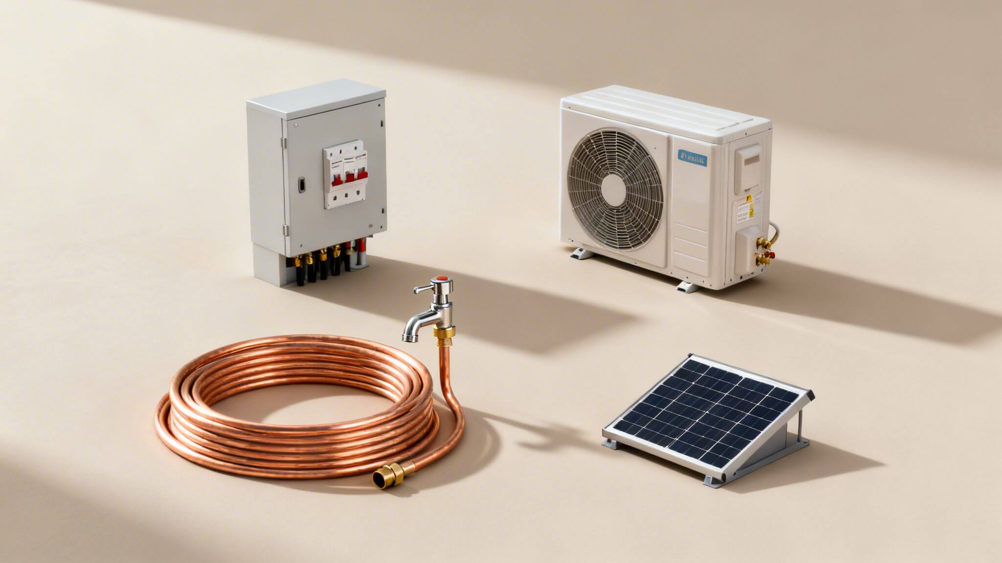 Certificados Energéticos | Proyecto de Instalación: Guía para tu Obra y Reforma Componentes de un sistema de energía solar y climatización: panel solar, unidad de aire acondicionado, tubería de cobre y caja eléctrica.