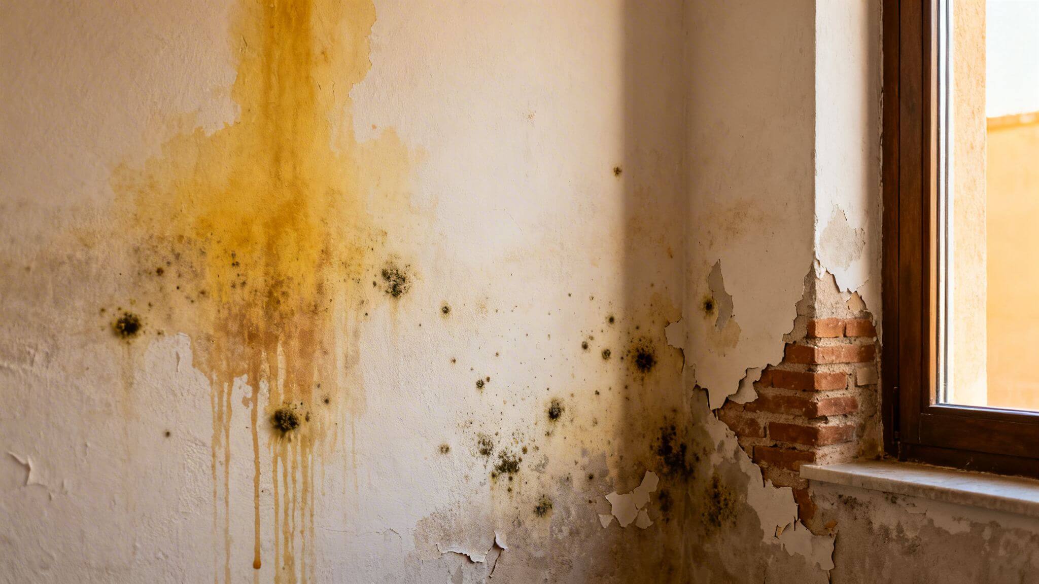 Certificados Energéticos | Humedades por filtración: Guía para Valencia Pared con graves humedades, moho, pintura pelada y ladrillos expuestos junto a una ventana.