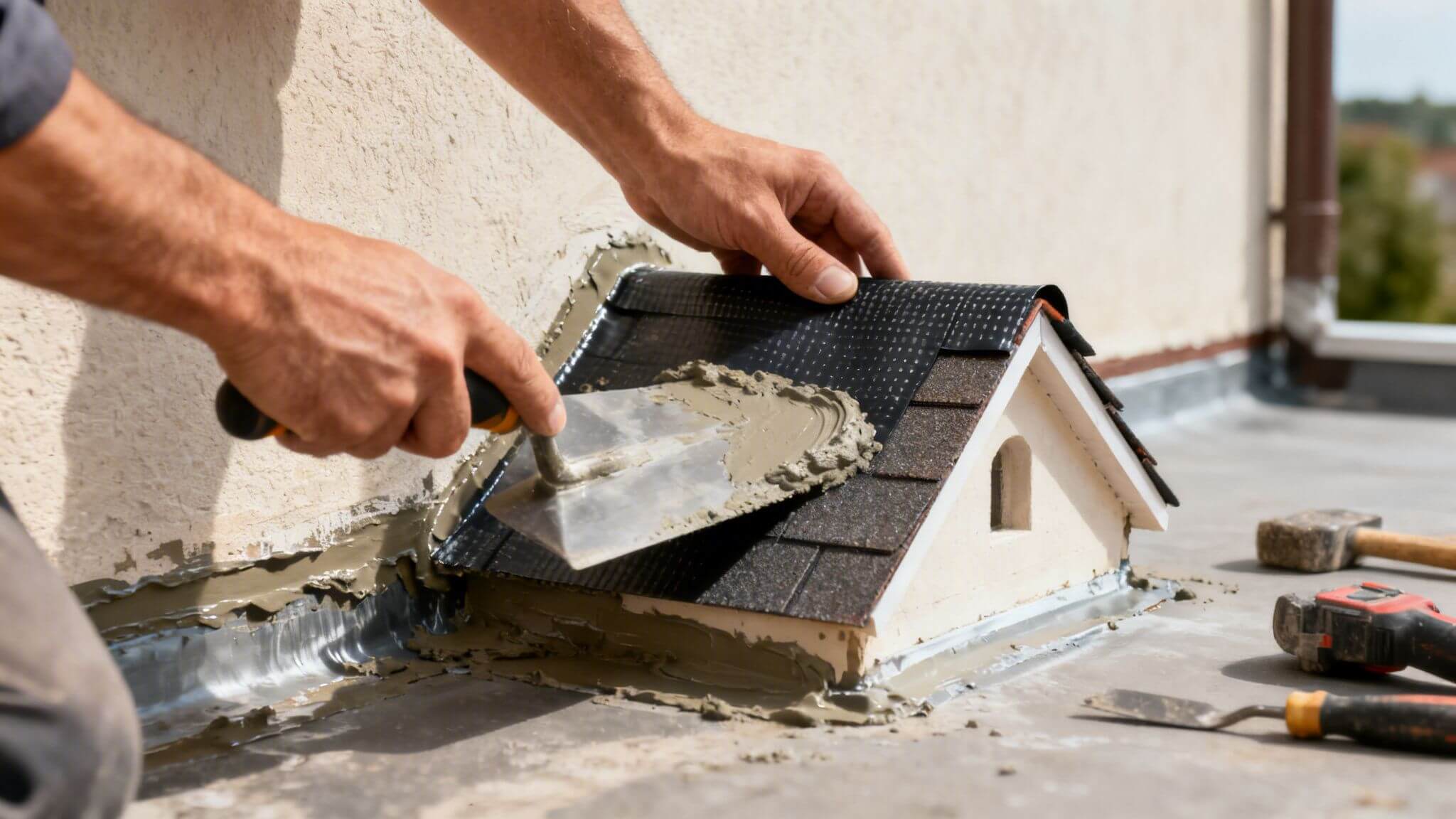 Certificados Energéticos | Humedades por filtración: Guía para Valencia Manos aplicando sellador con llana alrededor de un modelo de casa en un techo, demostrando impermeabilización.