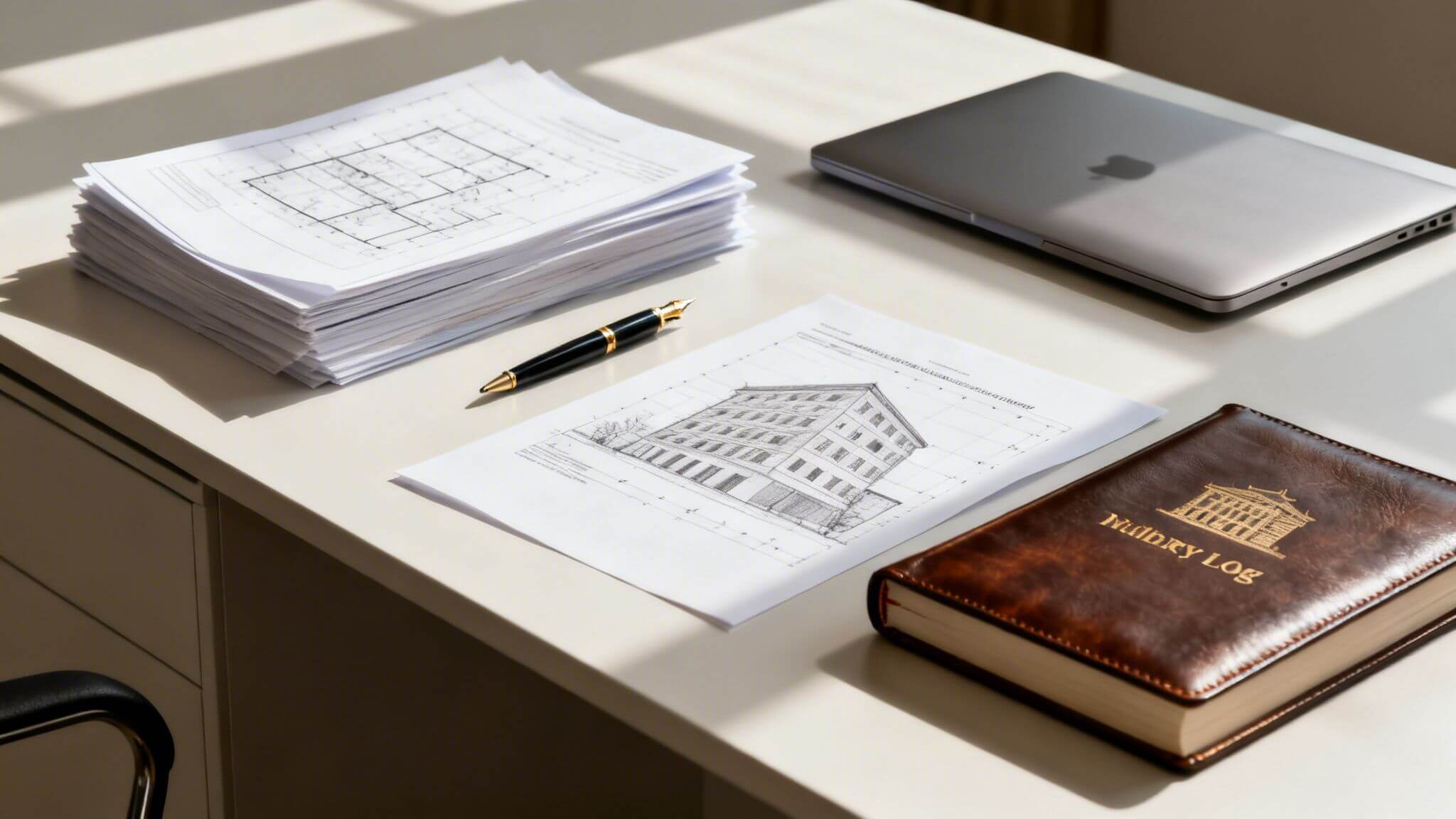Certificados Energéticos | Declaración de Obra Nueva en Valencia: Guía Completa Escritorio organizado con planos arquitectónicos, un portátil, un elegante bolígrafo y un diario, bajo luz natural.