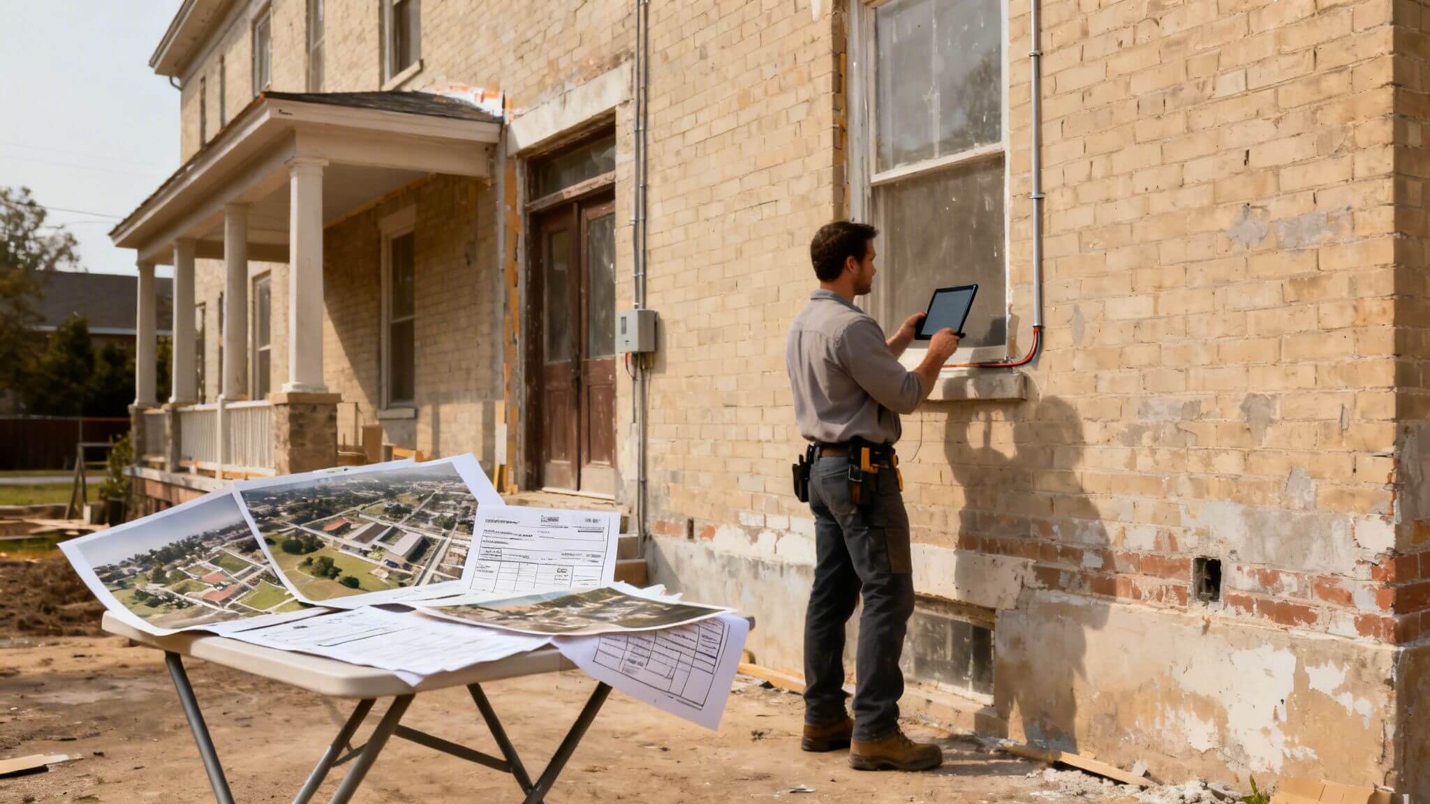 Certificados Energéticos | Declaración de Obra Nueva en Valencia: Guía Completa Hombre usando tablet en obra con planos y edificios de ladrillo en construcción.