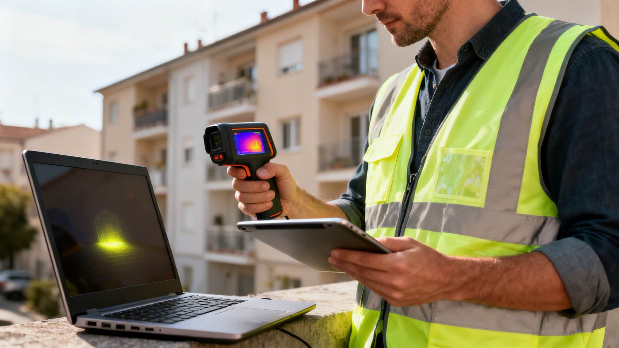 Certificados Energéticos | Declaración de Obra Nueva en Valencia: Guía Completa Ingeniero con chaleco de seguridad realiza inspección de edificio con cámara térmica, laptop y tablet.