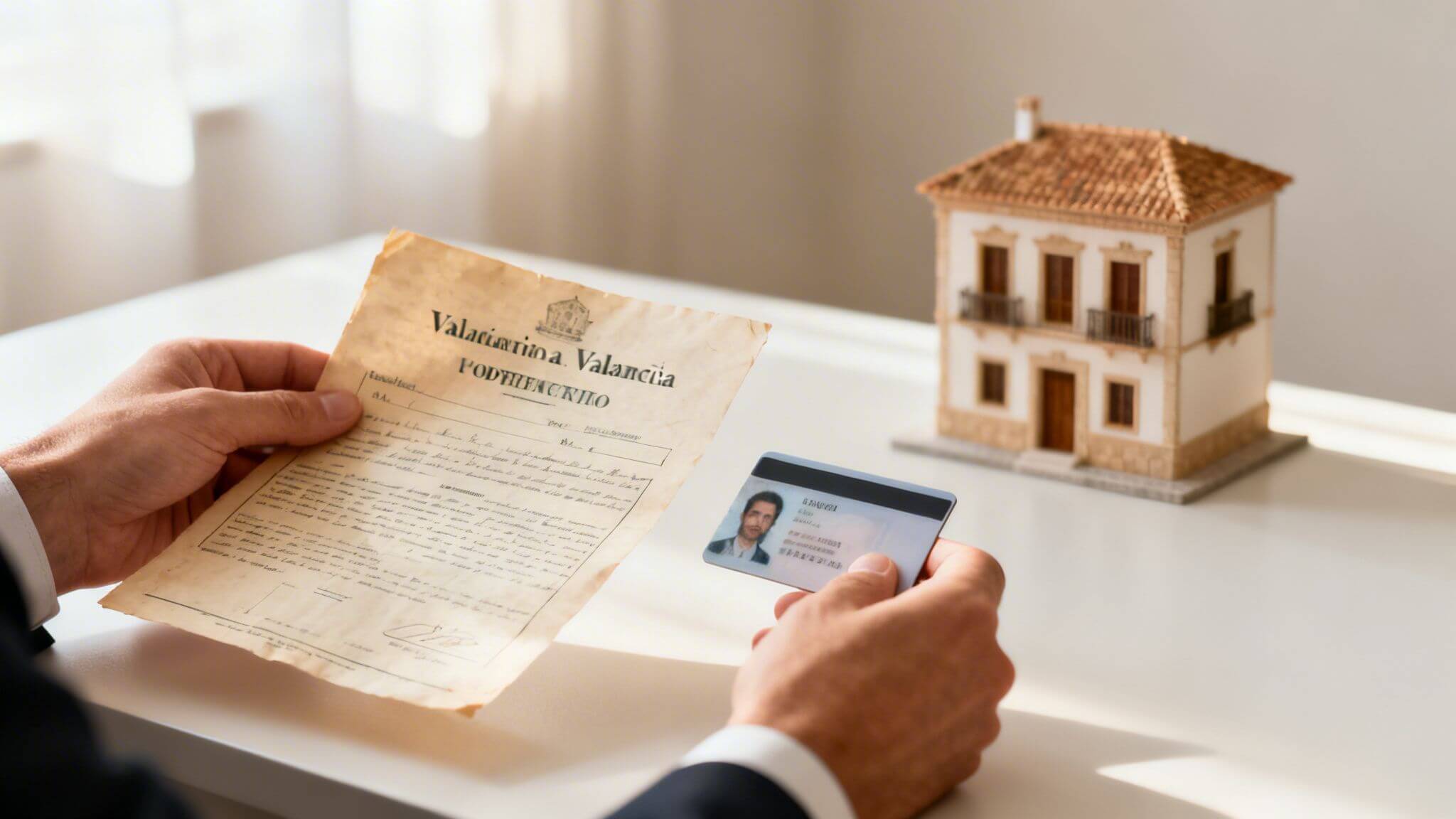Certificados Energéticos | Guía del acuerdo de alteración de titularidad en Valencia Hombre sosteniendo documentos antiguos y una tarjeta de identificación con una casa en miniatura en el fondo, relacionado con el acuerdo de alteración de titularidad en Valencia.
