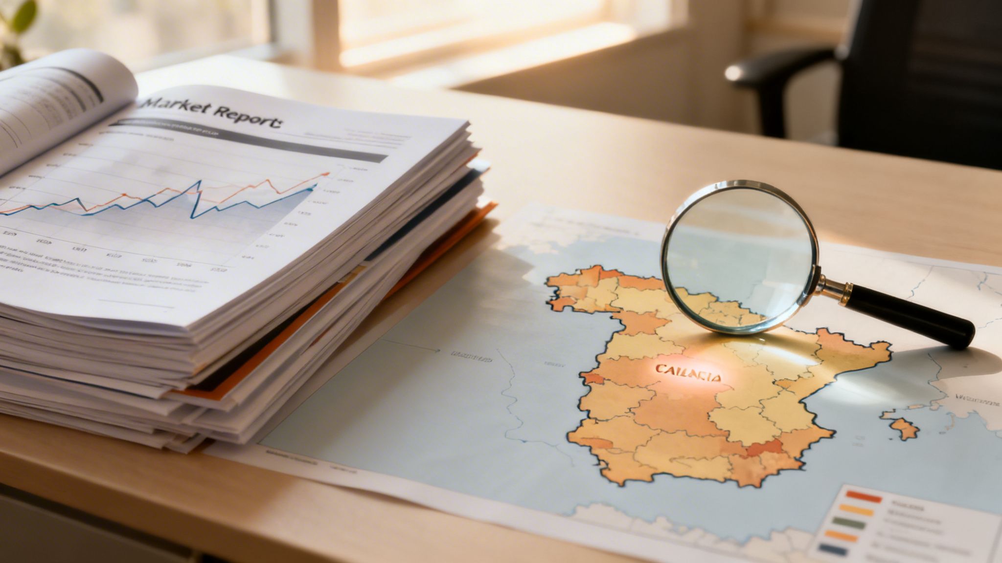 Certificados Energéticos | Tasaciones inmobiliarias de Tinsa: Guía para tu vivienda Escritorio con informe de mercado abierto, pila de documentos y un mapa de regiones con lupa.