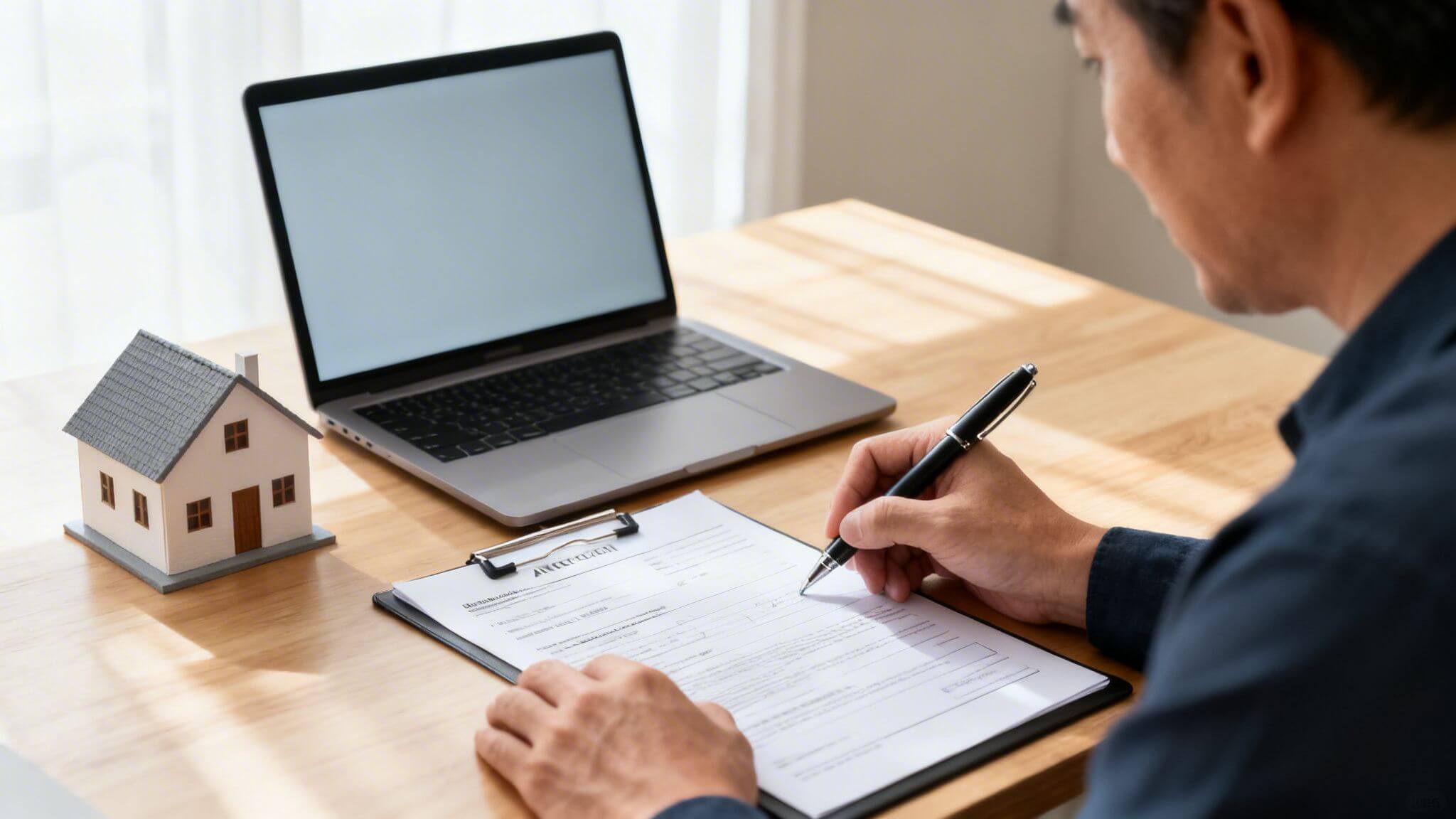 Certificados Energéticos | Declaración Responsable que es y cómo agiliza tus trámites en Valencia 2026 Hombre firmando un acuerdo de bienes raíces con una casa modelo y laptop en el escritorio.