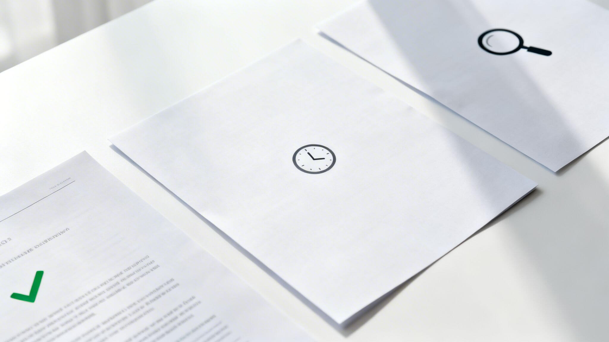 Certificados Energéticos | Declaración Responsable que es y cómo agiliza tus trámites en Valencia 2026 Tres hojas de papel con símbolos de verificación, reloj y lupa sobre una mesa blanca.