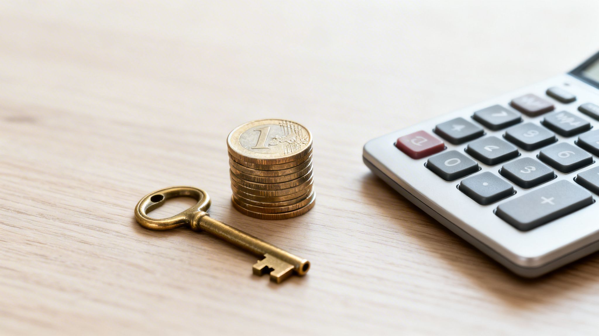 Certificados Energéticos | Cuanto cuesta Nota Simple en 2026 y Cómo solicitarla online Una llave antigua, una pila de monedas de euro y una calculadora sobre una mesa de madera.