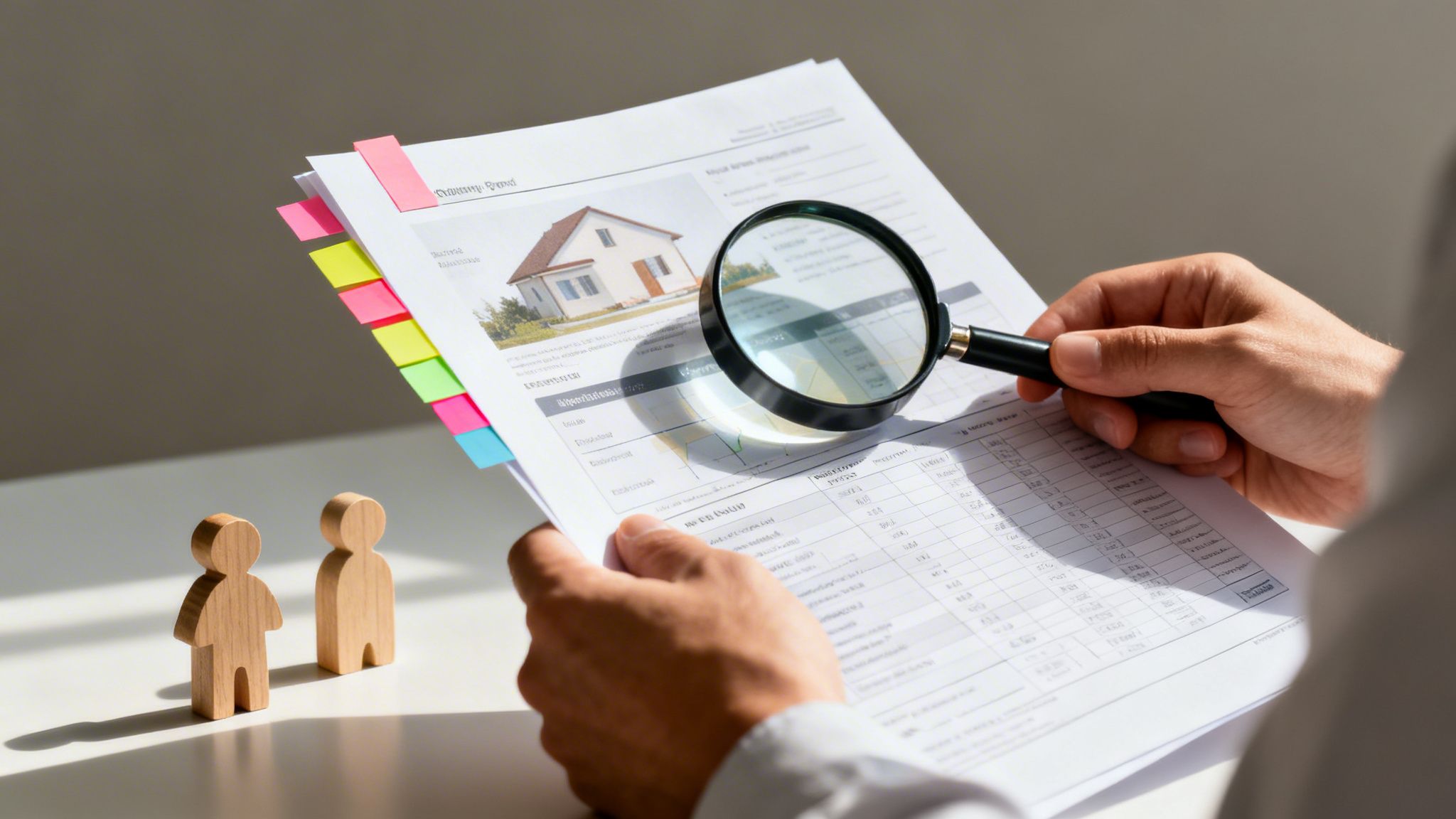 Certificados Energéticos | Cuanto cuesta Nota Simple en 2026 y Cómo solicitarla online Una persona revisa documentos de propiedad con una lupa, con una imagen de casa y figuras de madera en la mesa.