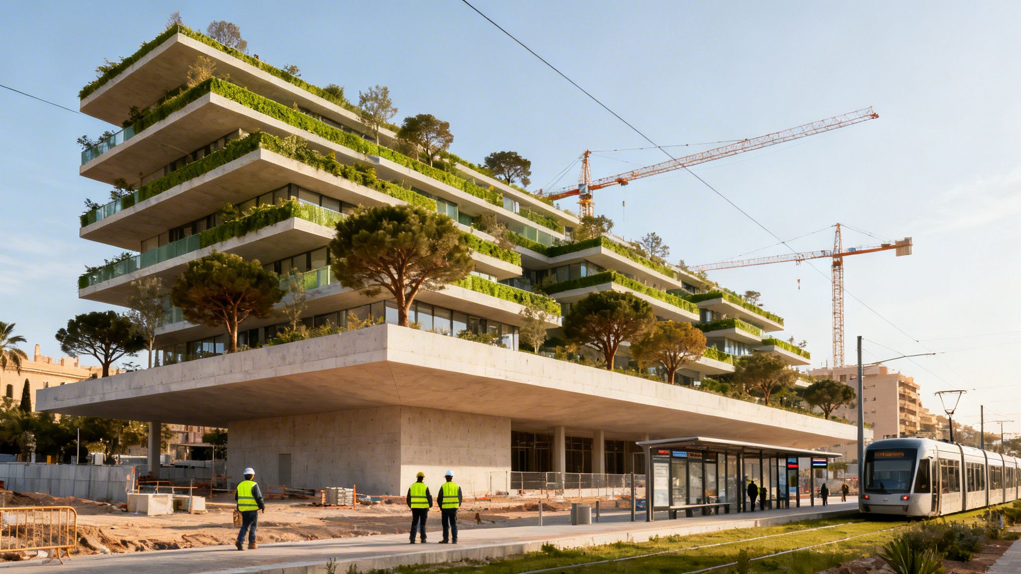 Certificados Energéticos | Certificado de sostenibilidad: La guía definitiva para 2026 Edificio moderno con terrazas verdes, árboles, obra en construcción y tranvía urbano.