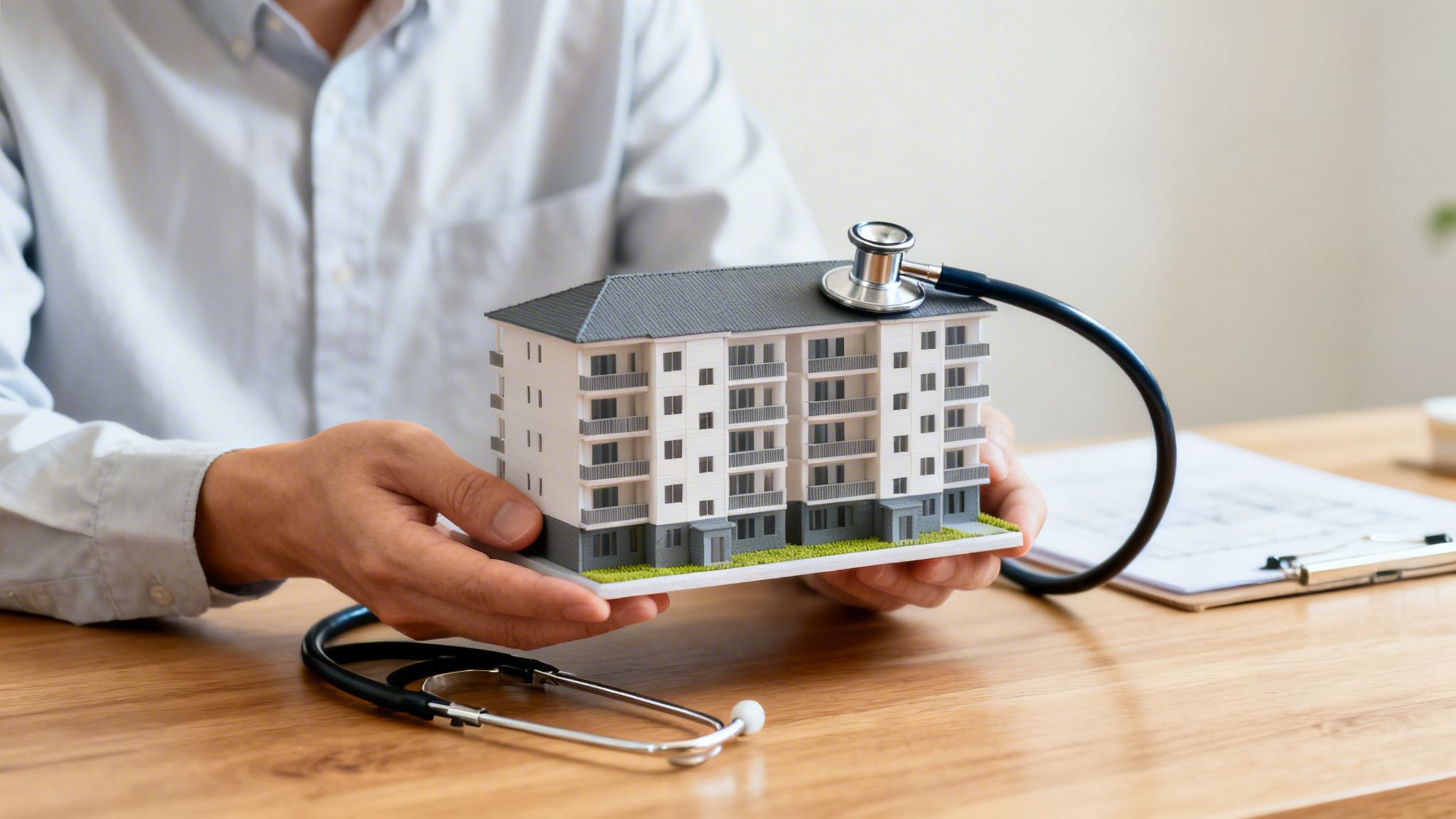 Certificados Energéticos | Certificado de sostenibilidad: La guía definitiva para 2026 Un hombre sostiene un modelo de edificio de apartamentos con un estetoscopio, simbolizando la inspección y la salud de la propiedad para un certificado de sostenibilidad.