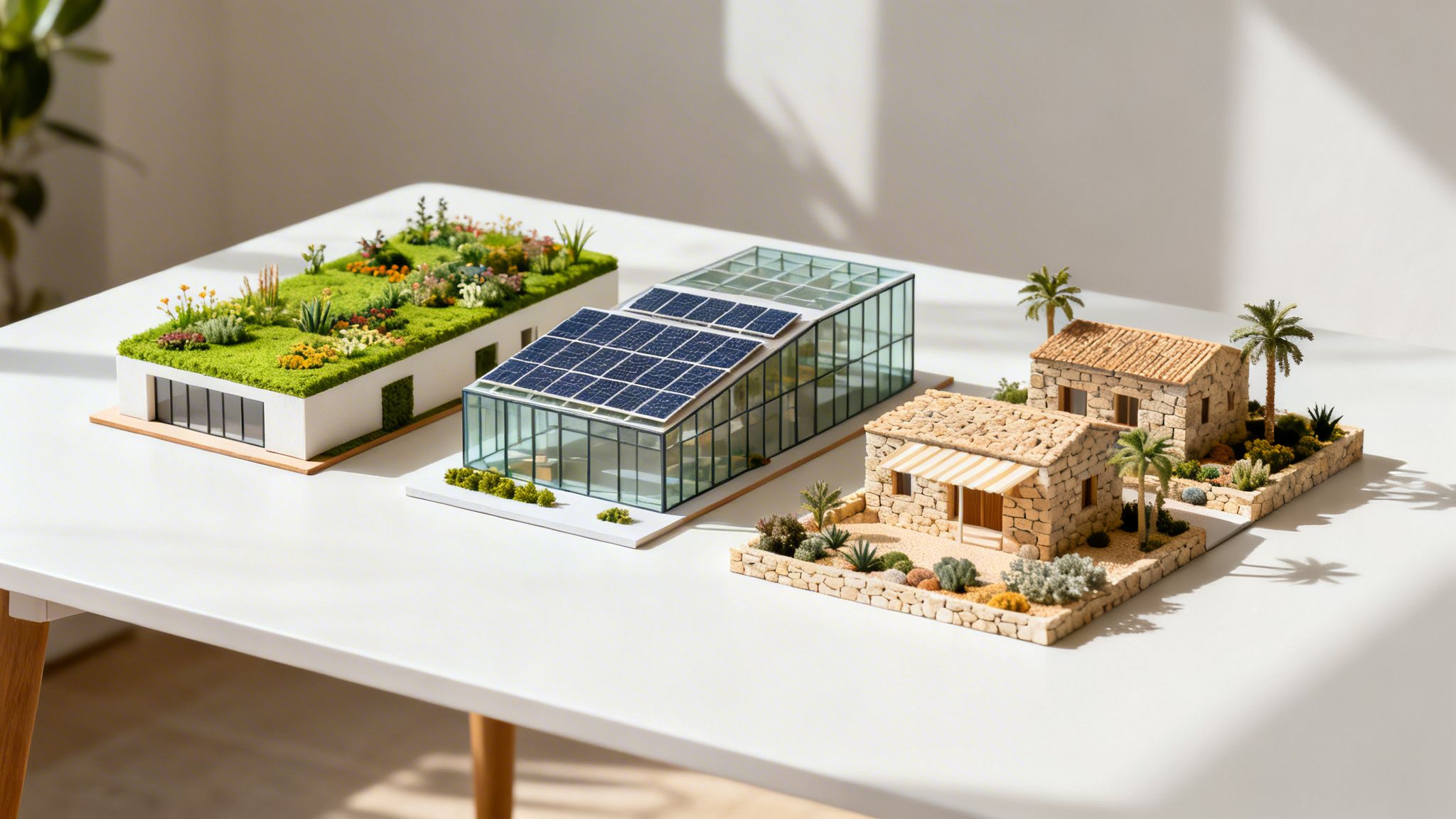 Certificados Energéticos | Certificado de sostenibilidad: La guía definitiva para 2026 Tres maquetas arquitectónicas representan la sostenibilidad: un edificio con techo verde, otro con paneles solares y casas de piedra.