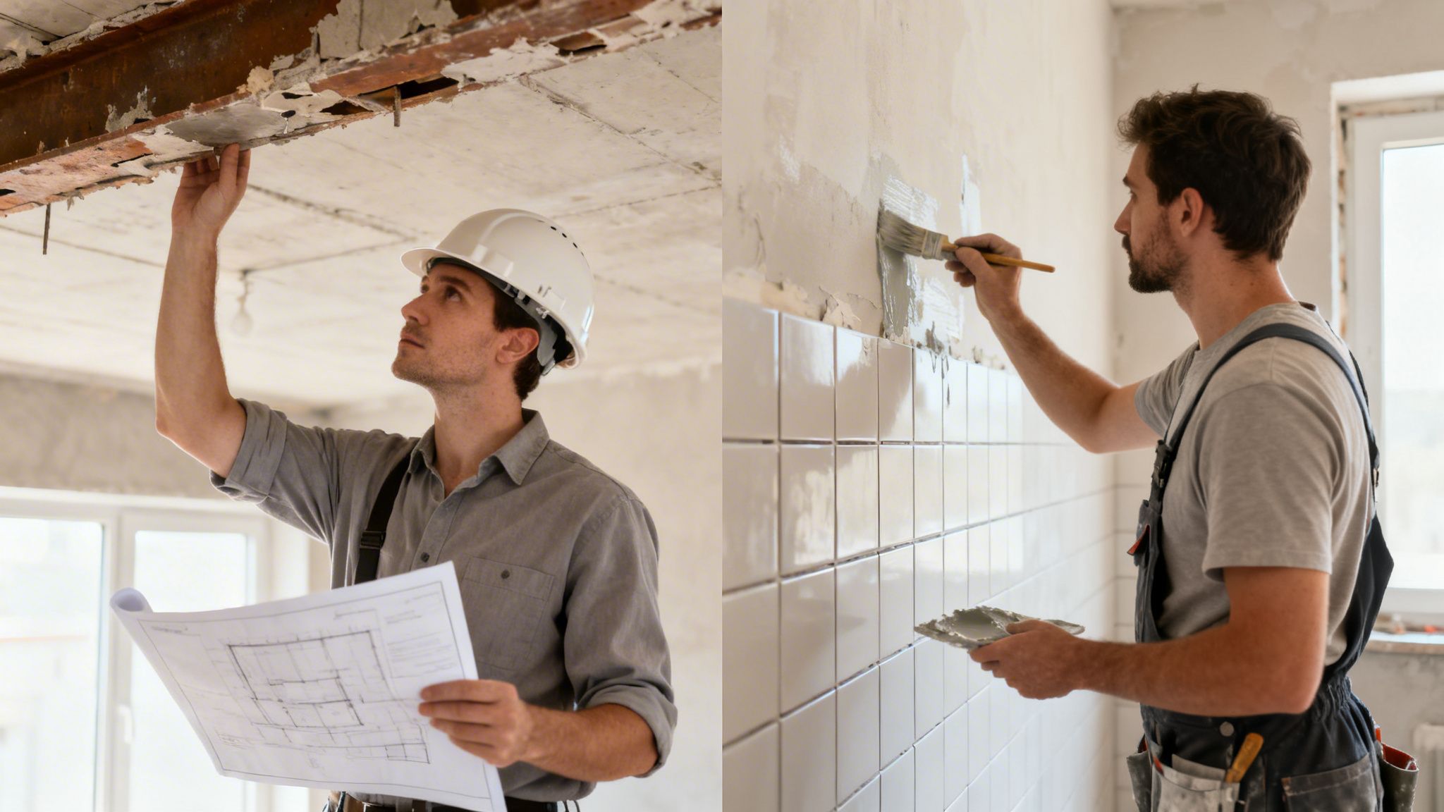 Certificados Energéticos | Valencia 2026: Descubre que obras no necesitan licencia para tu reforma. Dos hombres trabajando en una obra. Un ingeniero inspecciona el techo y un obrero aplica estuco en una pared.