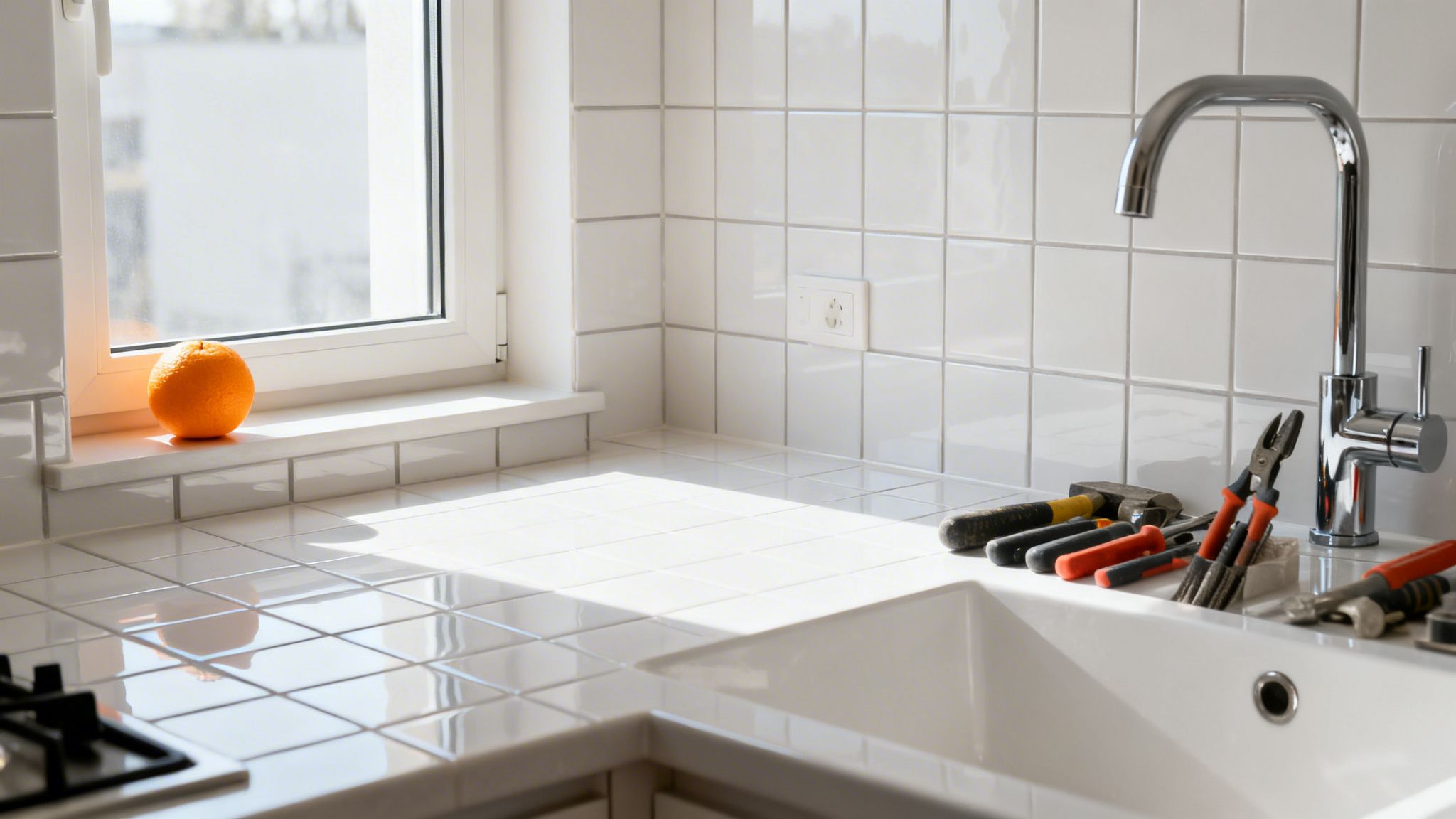 Certificados Energéticos | Valencia 2026: Descubre que obras no necesitan licencia para tu reforma. Mostrador de cocina con azulejos blancos, grifo, herramientas y una naranja en la ventana, sugiriendo reparaciones.