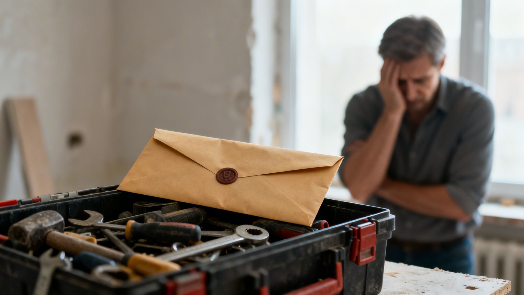 Certificados Energéticos | Valencia 2026: Descubre que obras no necesitan licencia para tu reforma. Caja de herramientas llena con un sobre sellado. Un hombre preocupado en segundo plano, en una obra.