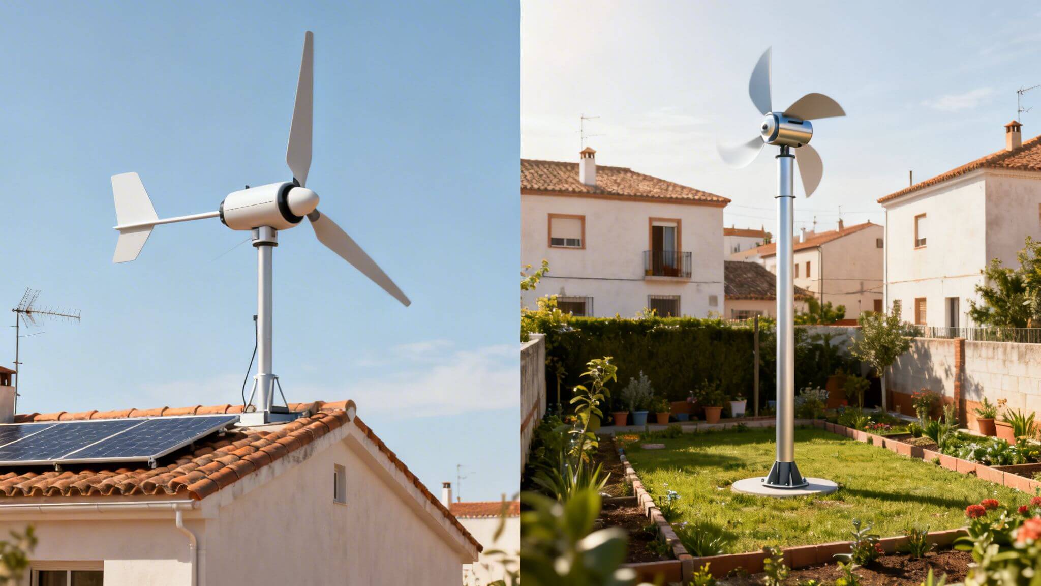 Certificados Energéticos | Energía eólica para la casa: Guía de autoconsumo en Valencia Dos aerogeneradores pequeños para uso residencial, uno en un tejado con paneles solares y otro en un jardín, mostrando energía eólica.