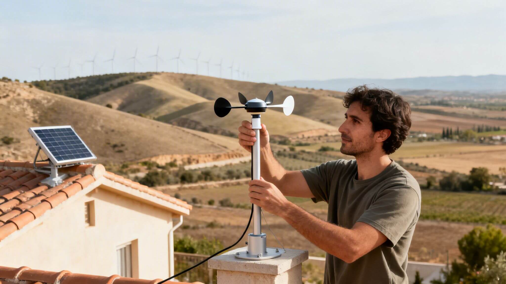 Certificados Energéticos | Energía eólica para la casa: Guía de autoconsumo en Valencia Hombre instala anemómetro en tejado, con panel solar y turbinas eólicas al fondo bajo cielo soleado.